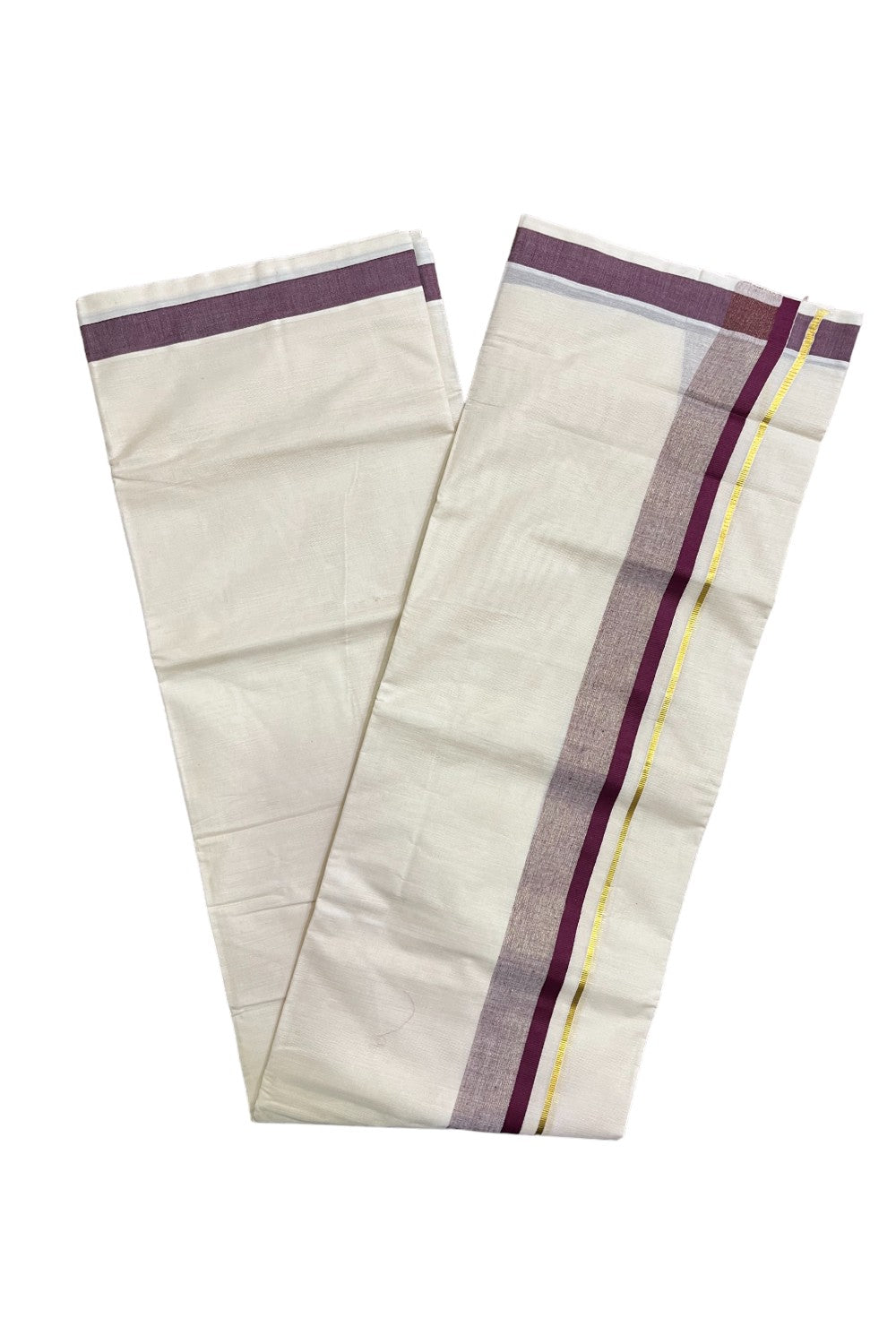 Kerala Pure Cotton Double Mundu with Purple and Kasavu Border (South Indian Kerala Dhoti)