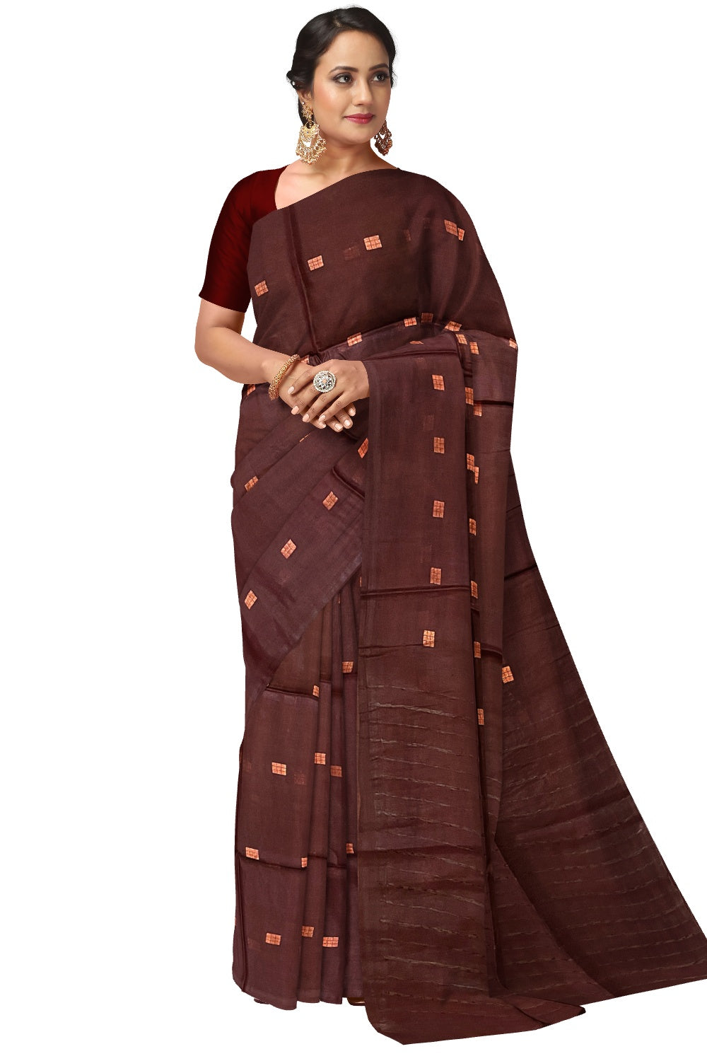 Southloom Cotton Dark Brown Saree with Copper Butta Works on Body