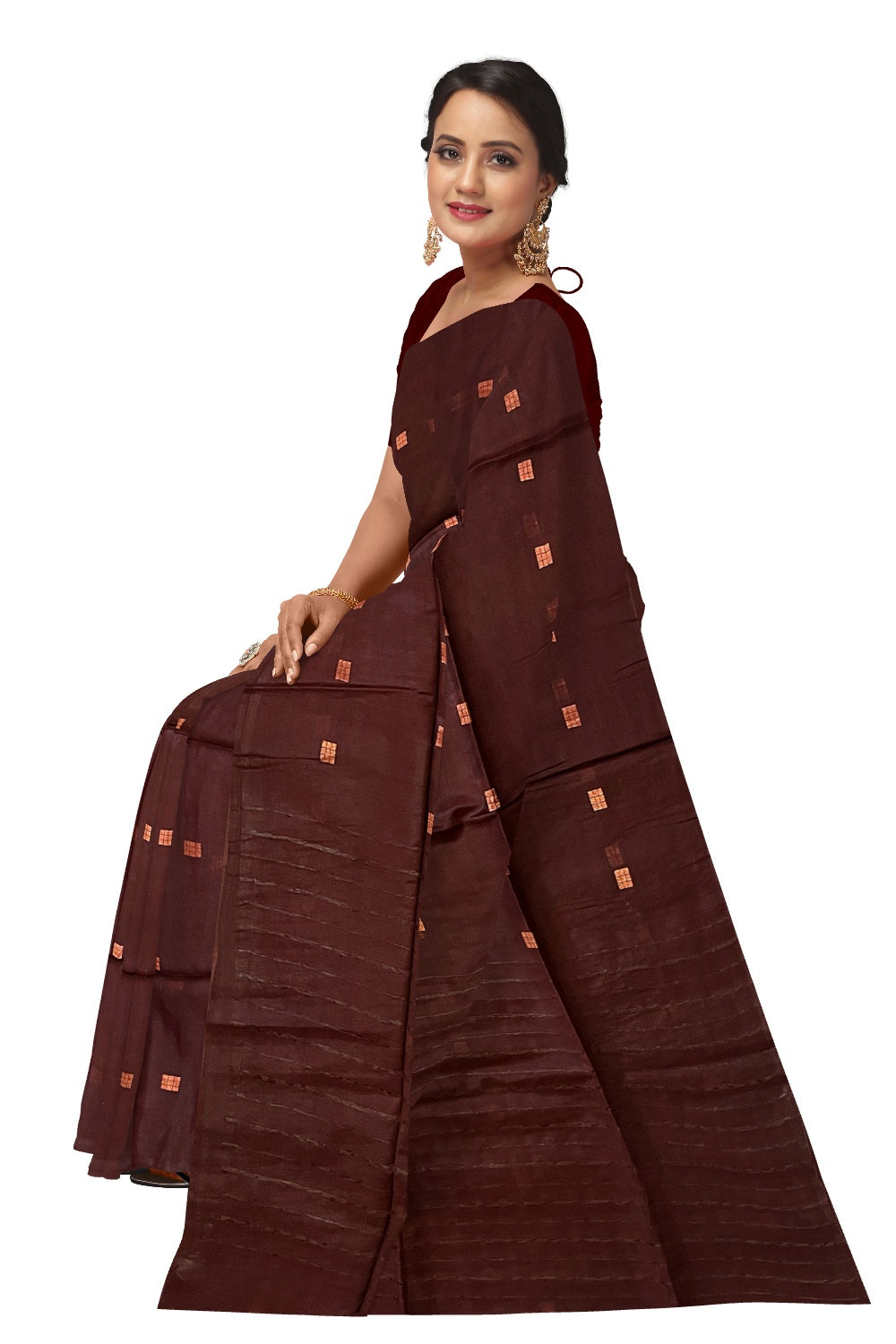 Southloom Cotton Dark Brown Saree with Copper Butta Works on Body
