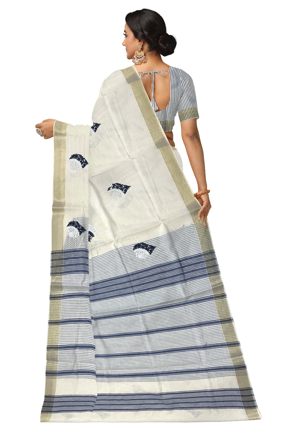 Pure Cotton Kerala Saree with Blue Floral Embroidery Work and Kasavu Border