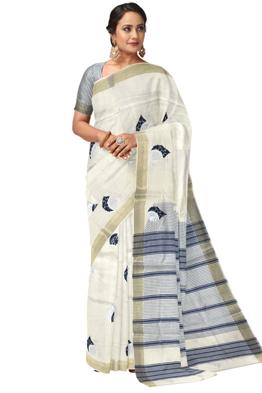 Pure Cotton Kerala Saree with Blue Floral Embroidery Work and Kasavu Border