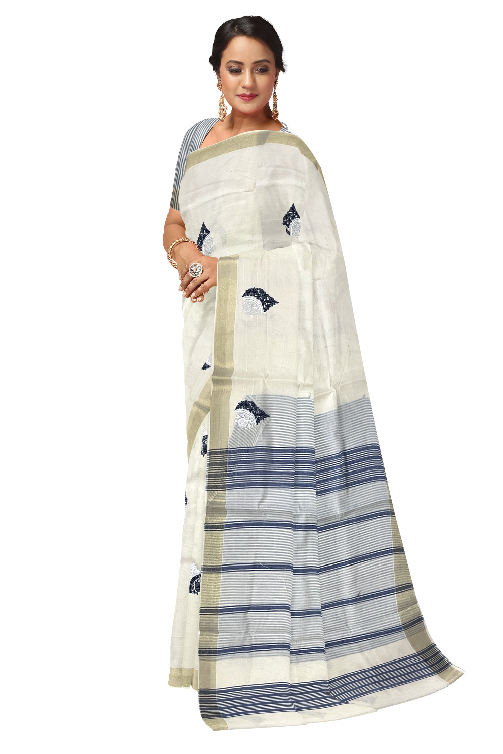 Pure Cotton Kerala Saree with Blue Floral Embroidery Work and Kasavu Border