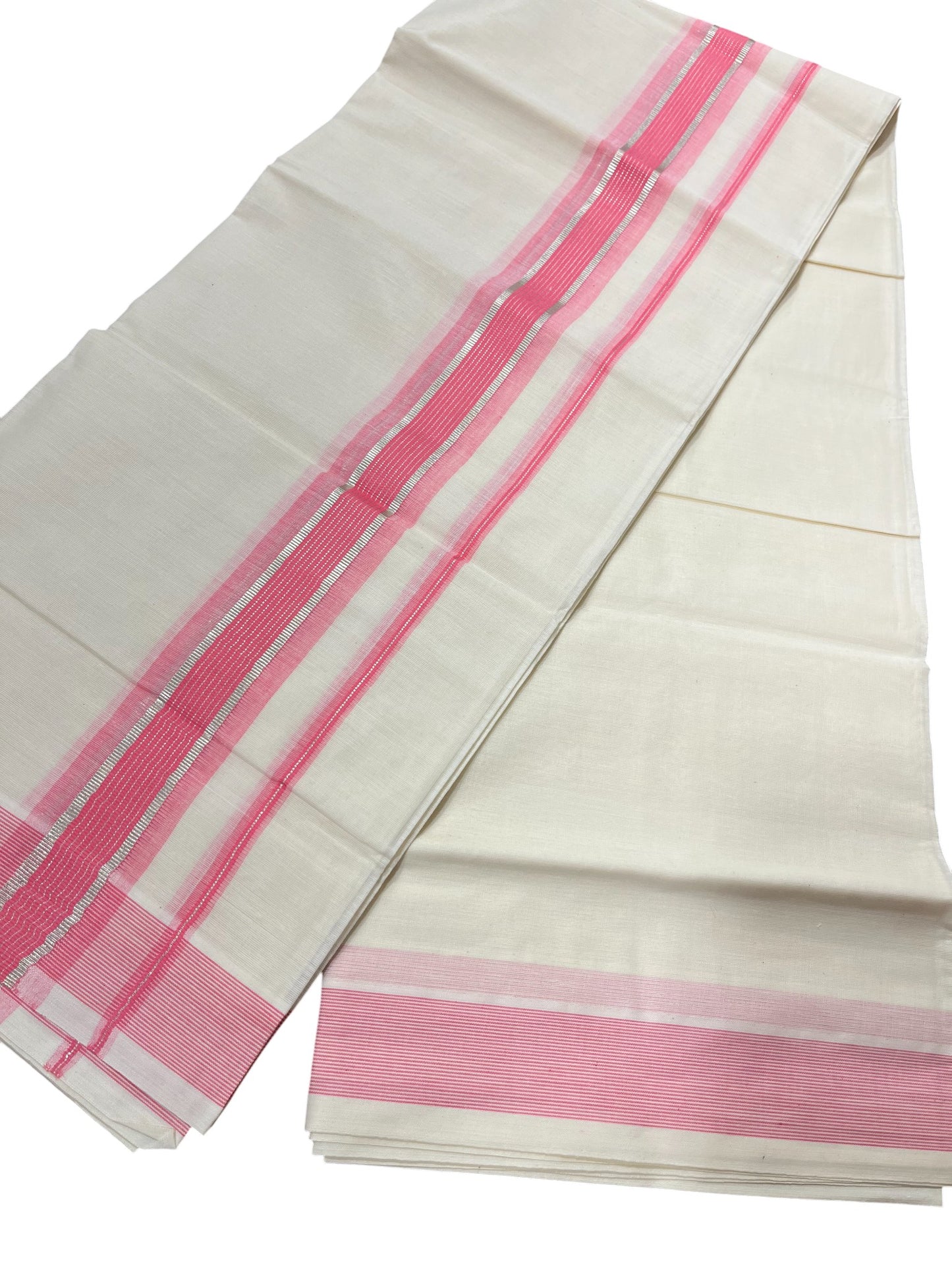 Southloom Kerala Pure Cotton Double Mundu with Silver Lines & Pink Border (South Indian Dhoti)