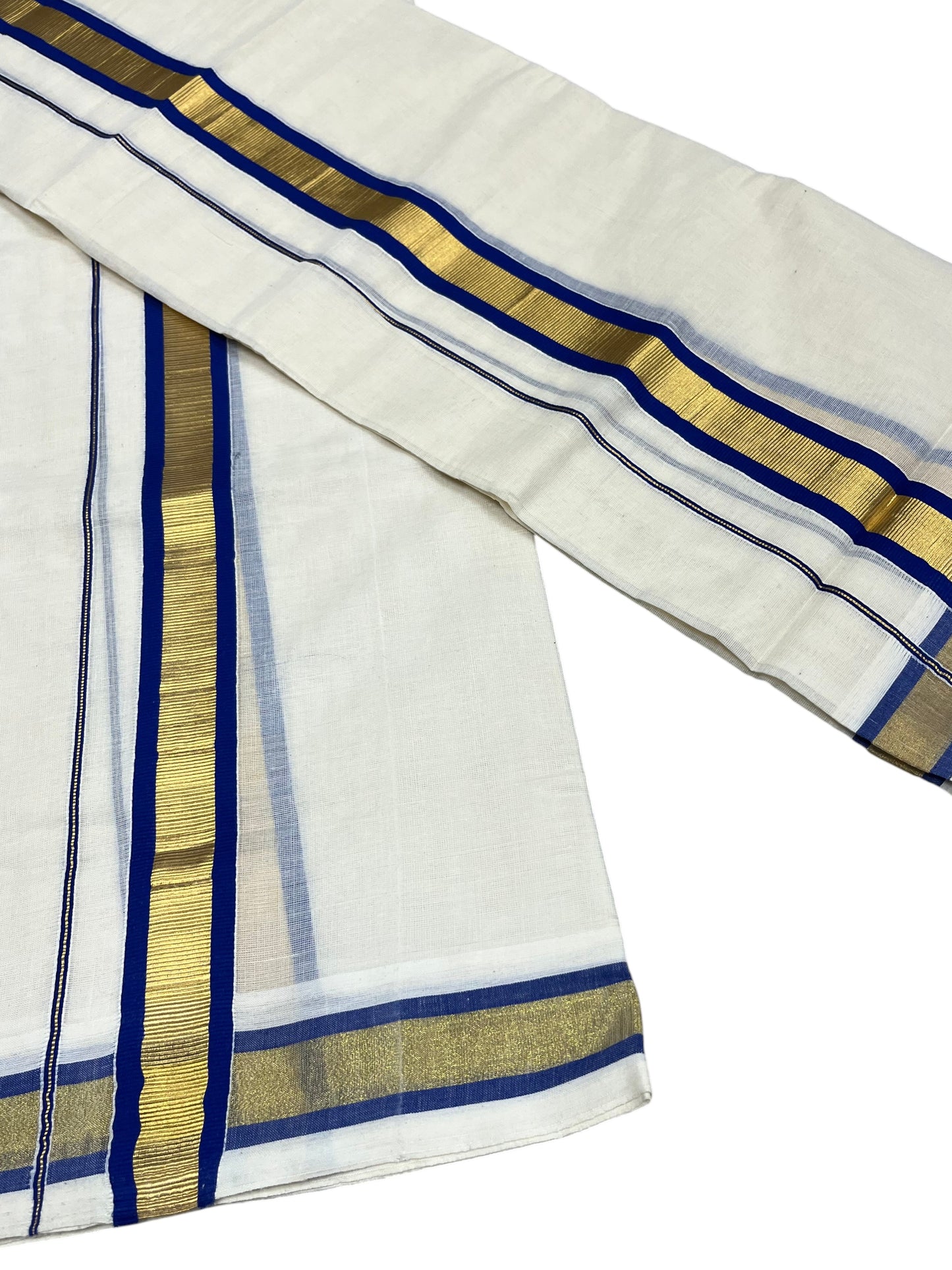 Southloom Pure Cotton Kerala Kasavu Set Mundu (Mundum Neriyathum) Gold Kasavu & Blue Border 2.80 Mtrs