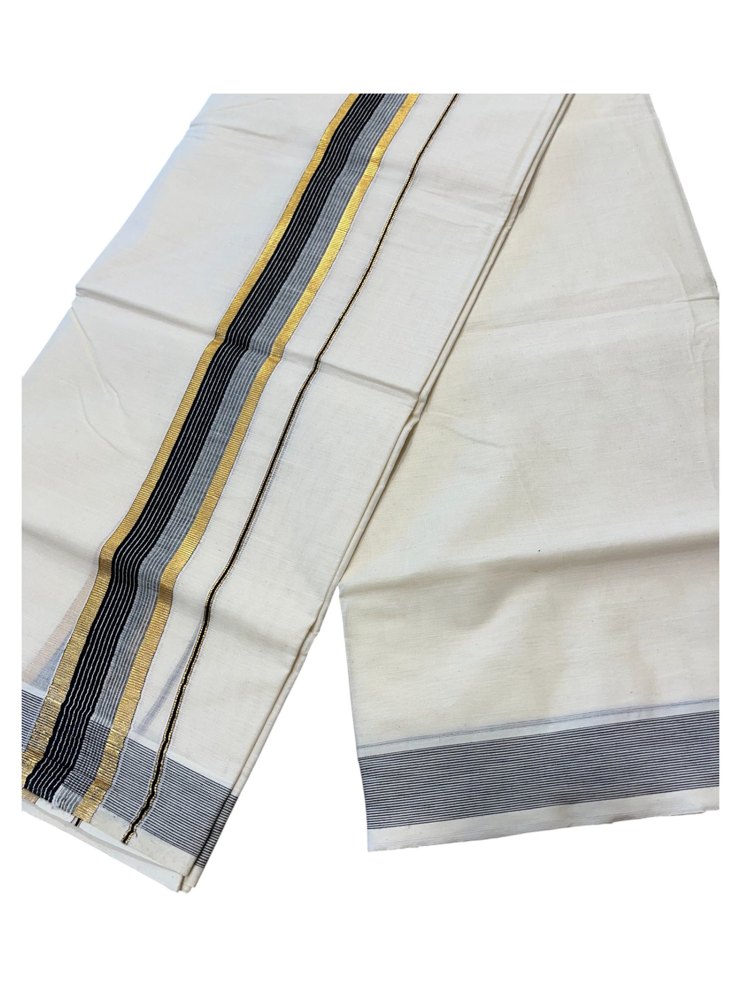 Southloom Pure Cotton  Double Mundu With Gold Kasavu & Black& Gray Lines  Border (South Indian Kerala Dhoti)