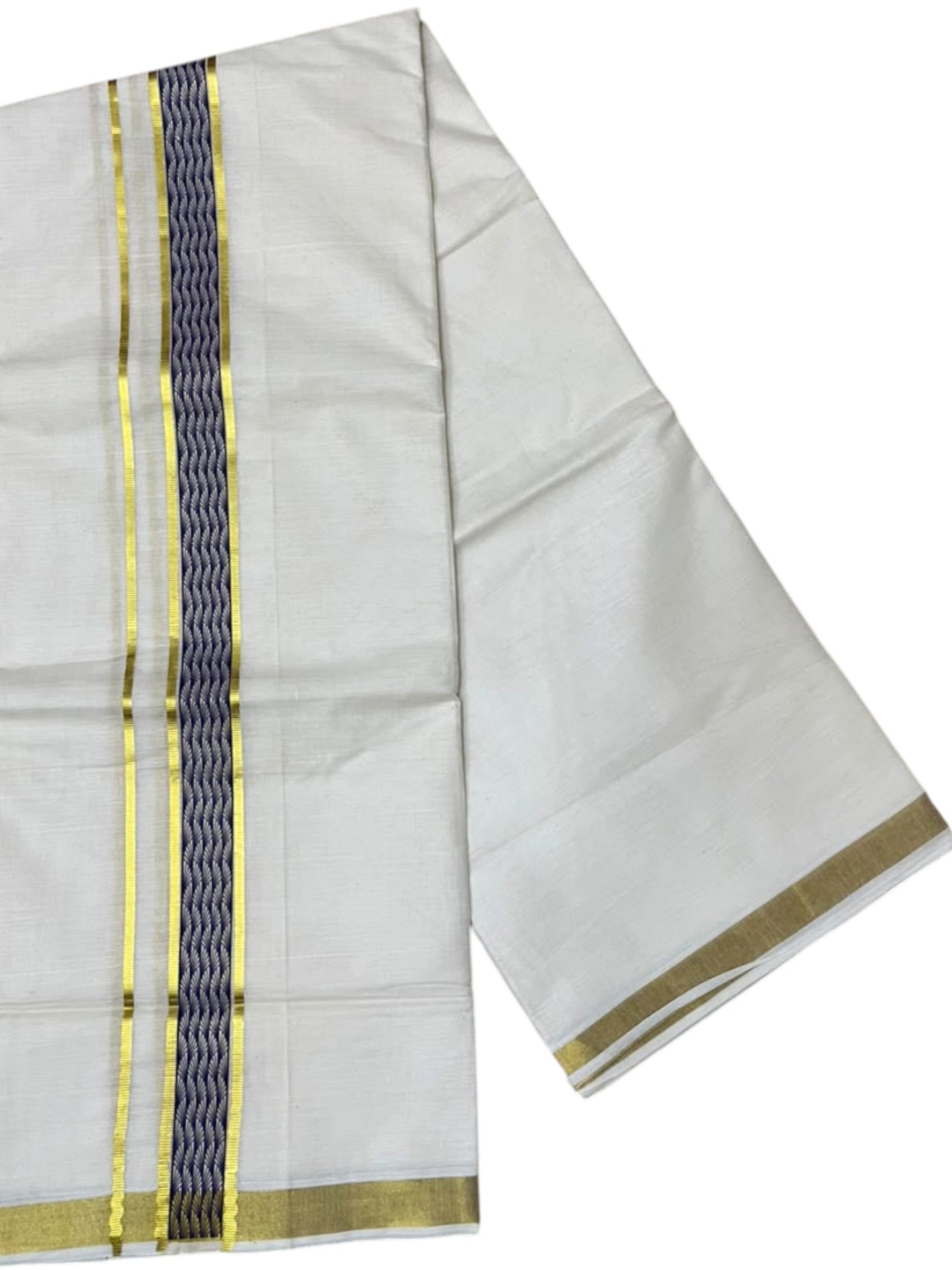 Southloom Pure Cotton Double Mundu with Blue Block Printed And Ksavu Border (South Indian Kerala Dhoti)