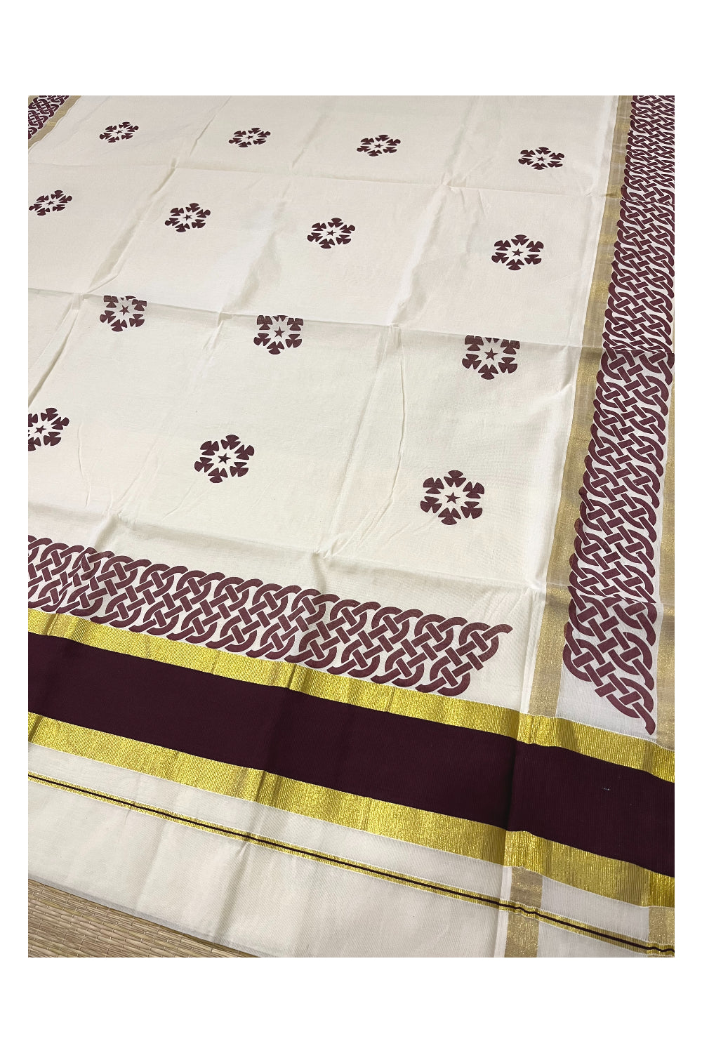 Pure Cotton Kerala Saree with Brown Block Printed Kasavu Border