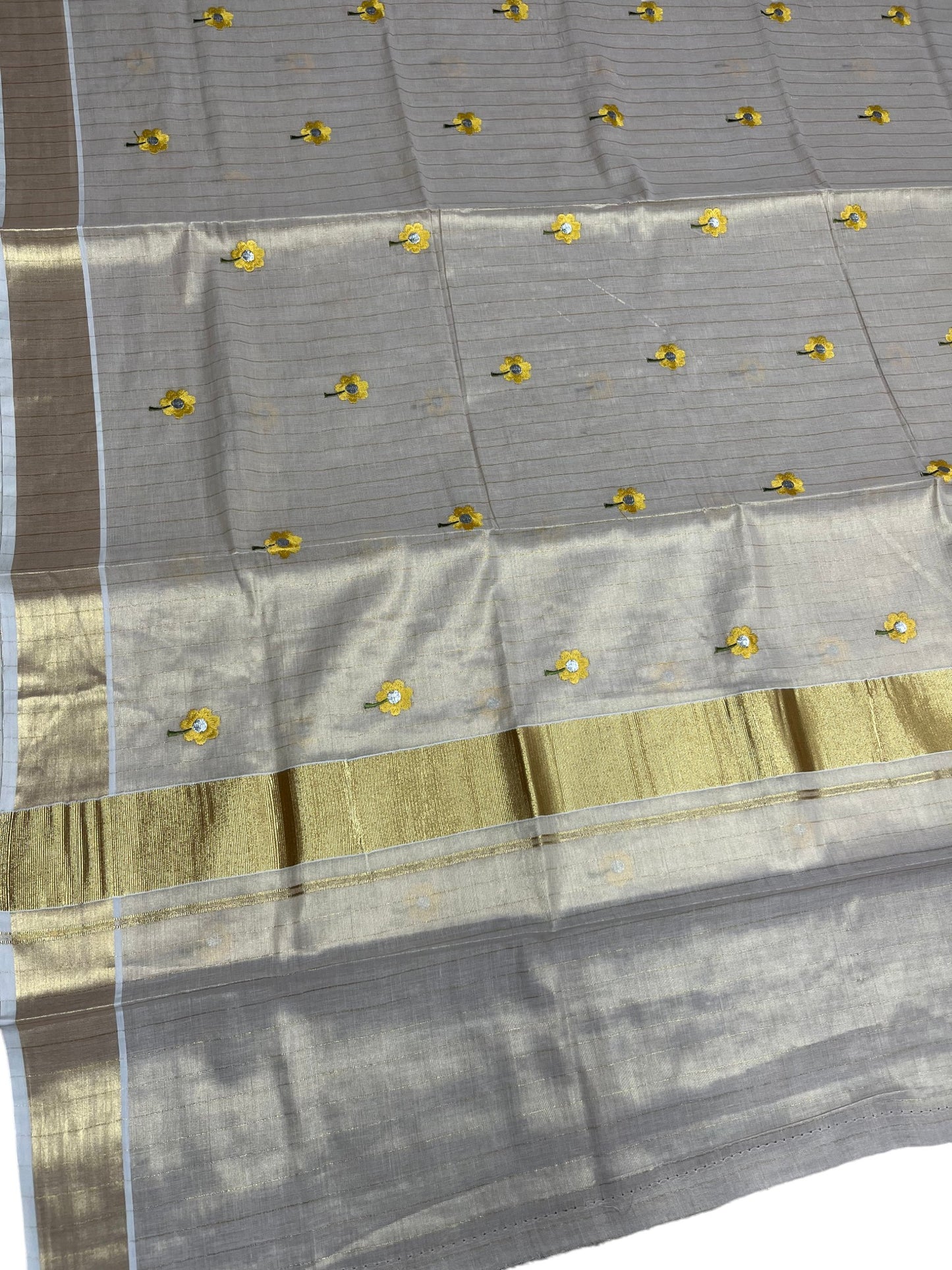 Southloom Kerala Tissue Kasavu Lines Saree with Yellow Floral Embroidery Work on Body