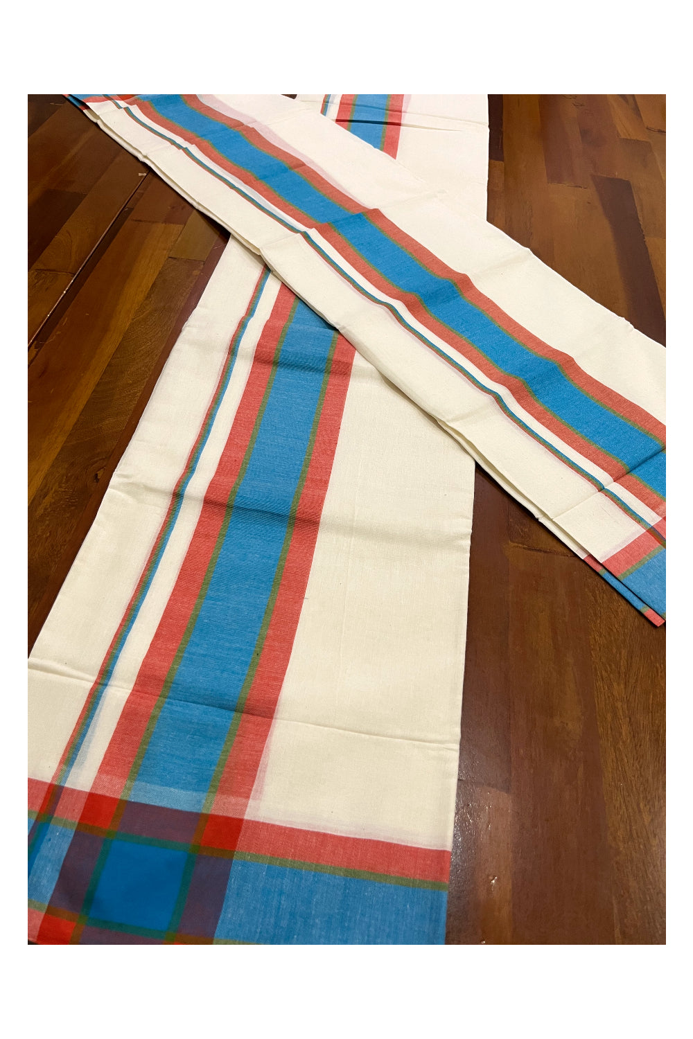 Pure Cotton Mundum Neriyathum Double (Set Mundu) with Blue and Red Border