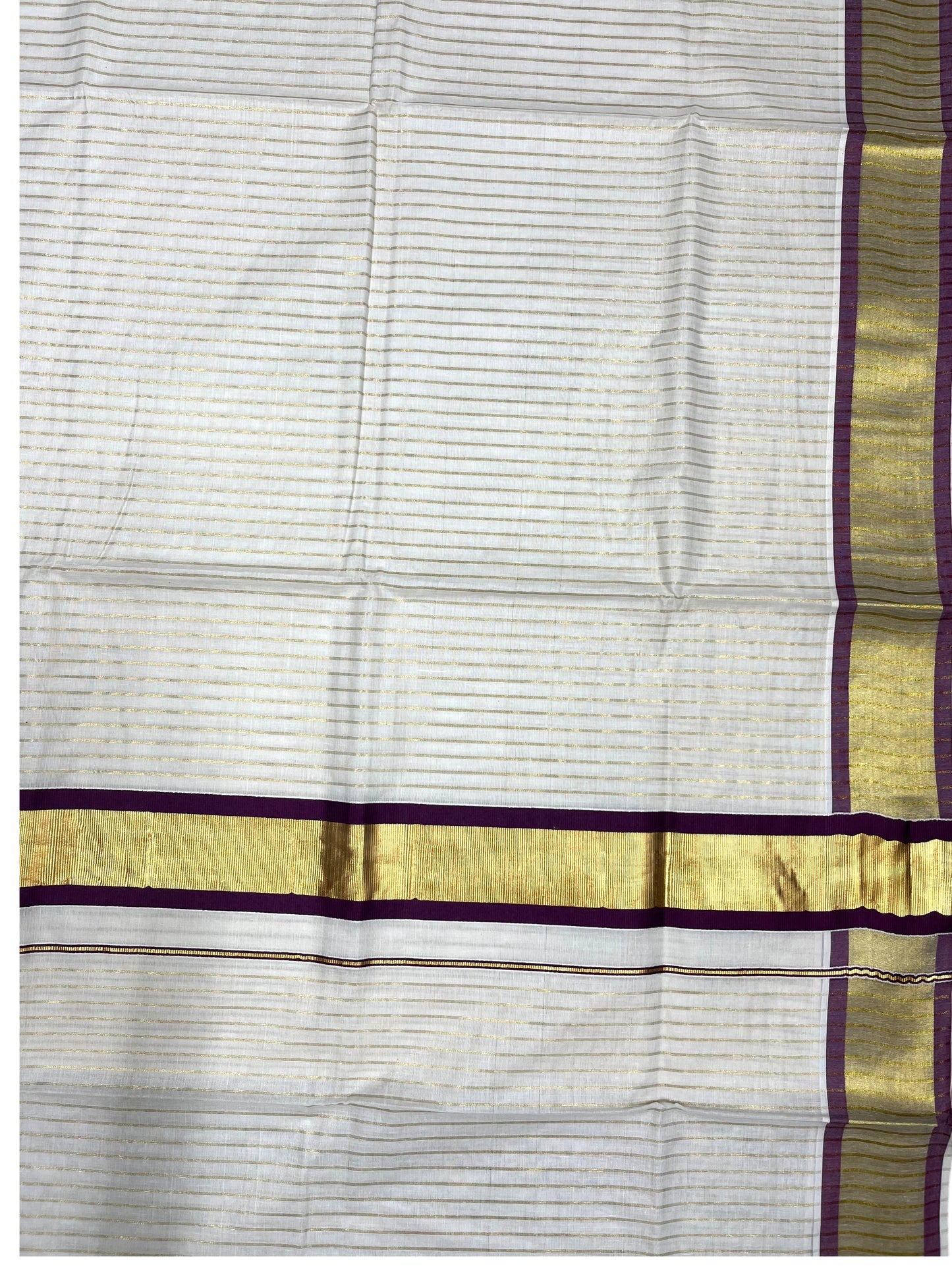 Southloom Pure Cotton Kerala Saree with Gold Kasavu Lines Across Body and purple Border