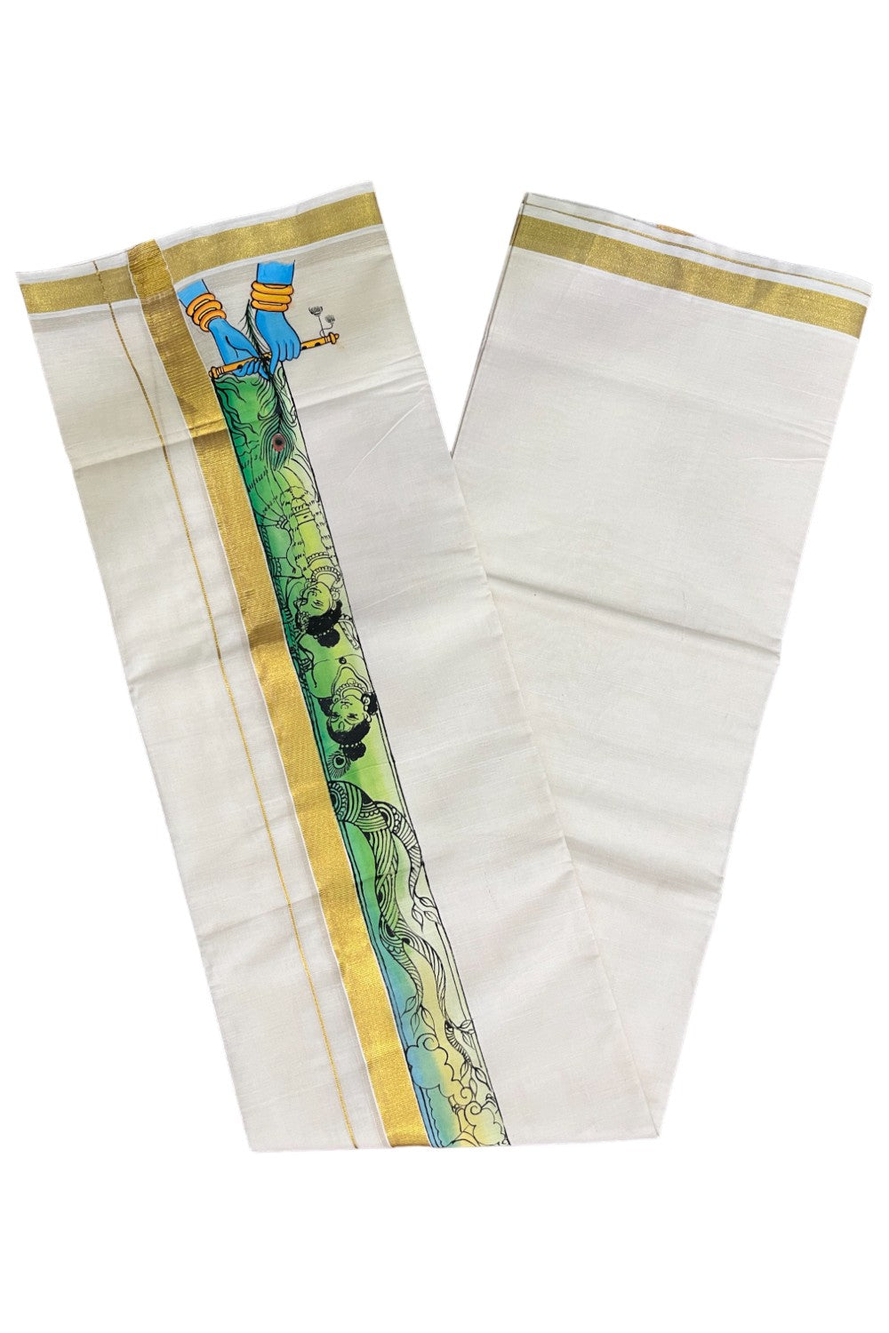 Kerala Pure Cotton Double Mundu with Krishna Mural Hand Painted Design on Kasavu Border (South Indian Kerala Dhoti)