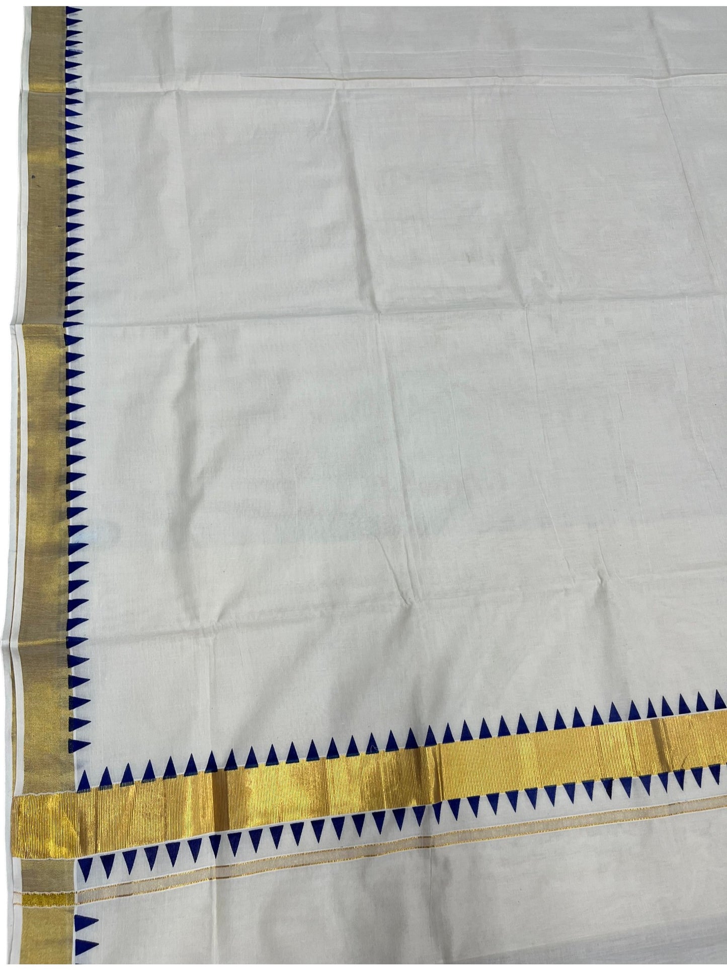 Southloom Cotton Kerala Kasavu Saree with Blue Tample Design Border