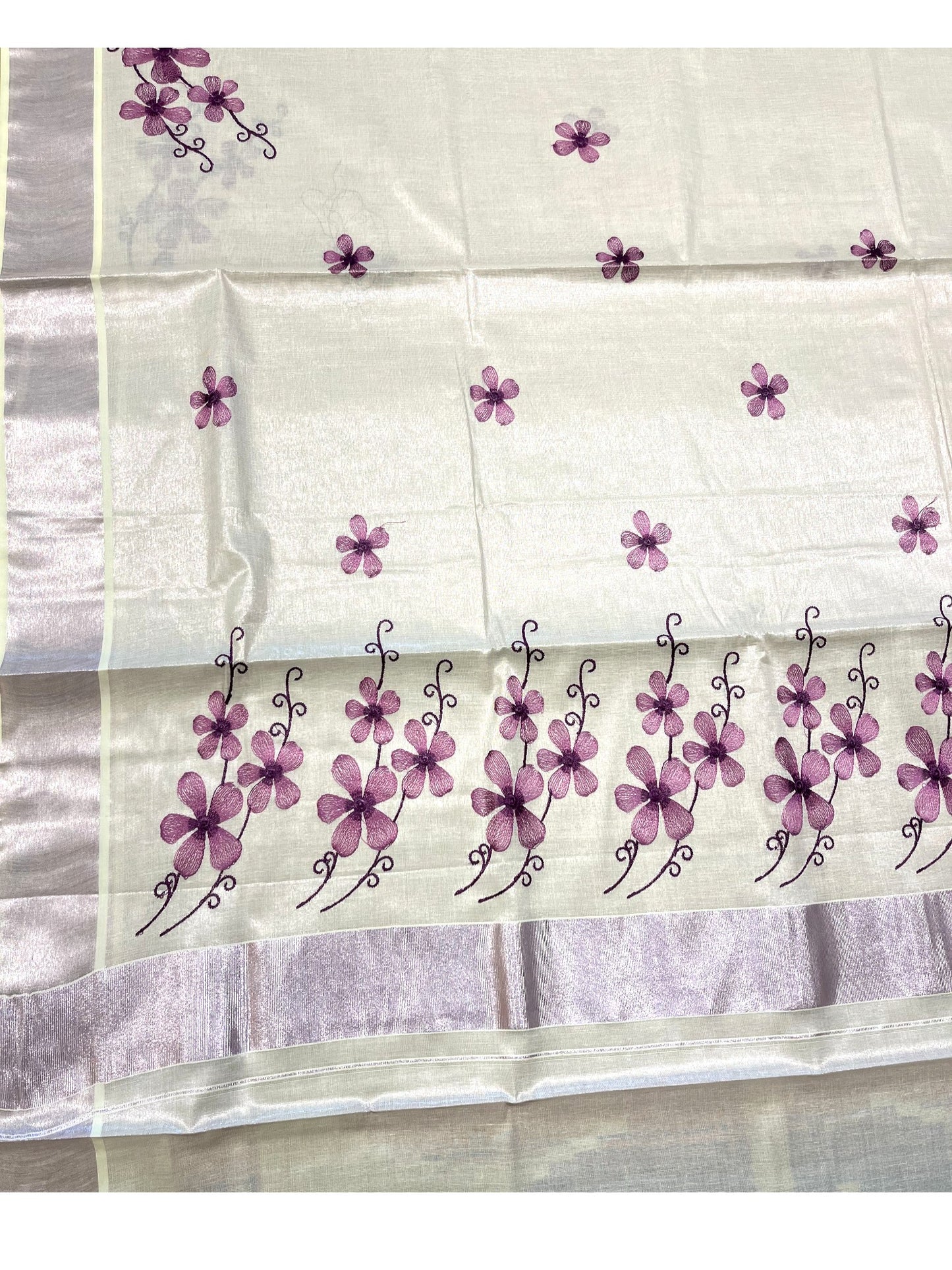 Southloom Kerala Tissue Kasavu Saree with Lavendar Floral Embroidery on Body and Border