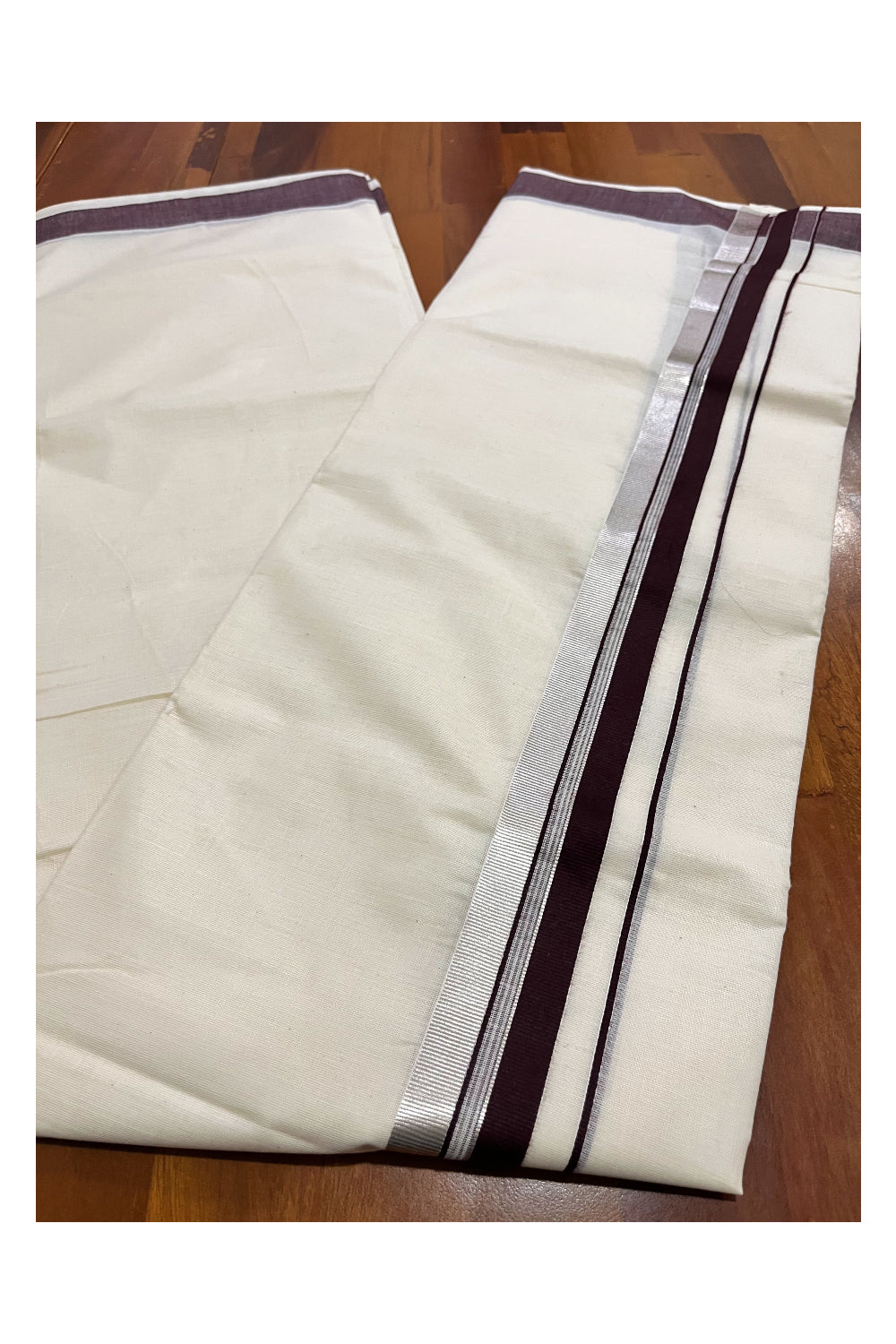 Pure Cotton Kerala Double Mundu with Brown and Silver Kasavu Kara (South Indian Kerala Dhoti)