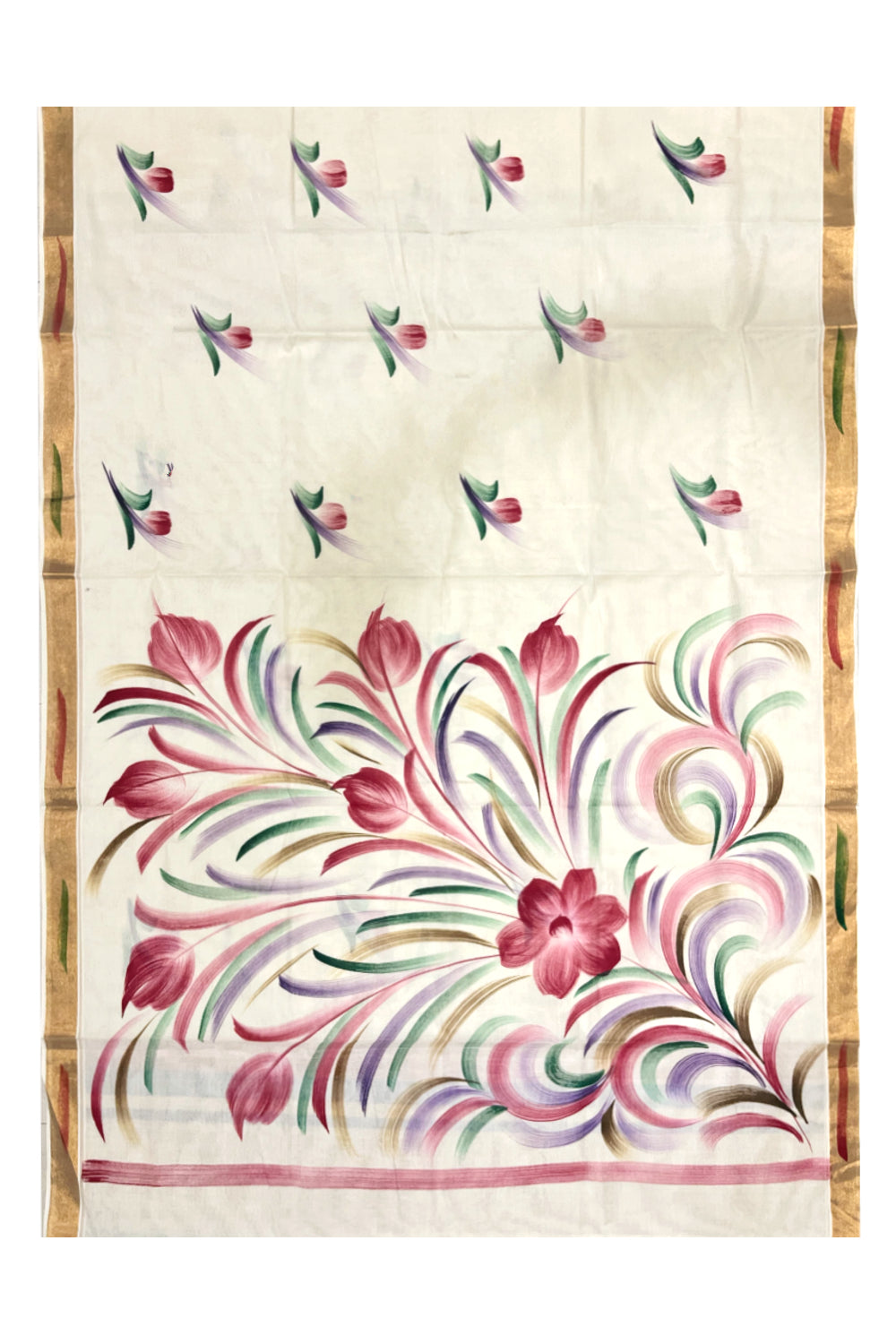 Kerala Cotton Kasavu Saree with Brush Painted Floral Designs