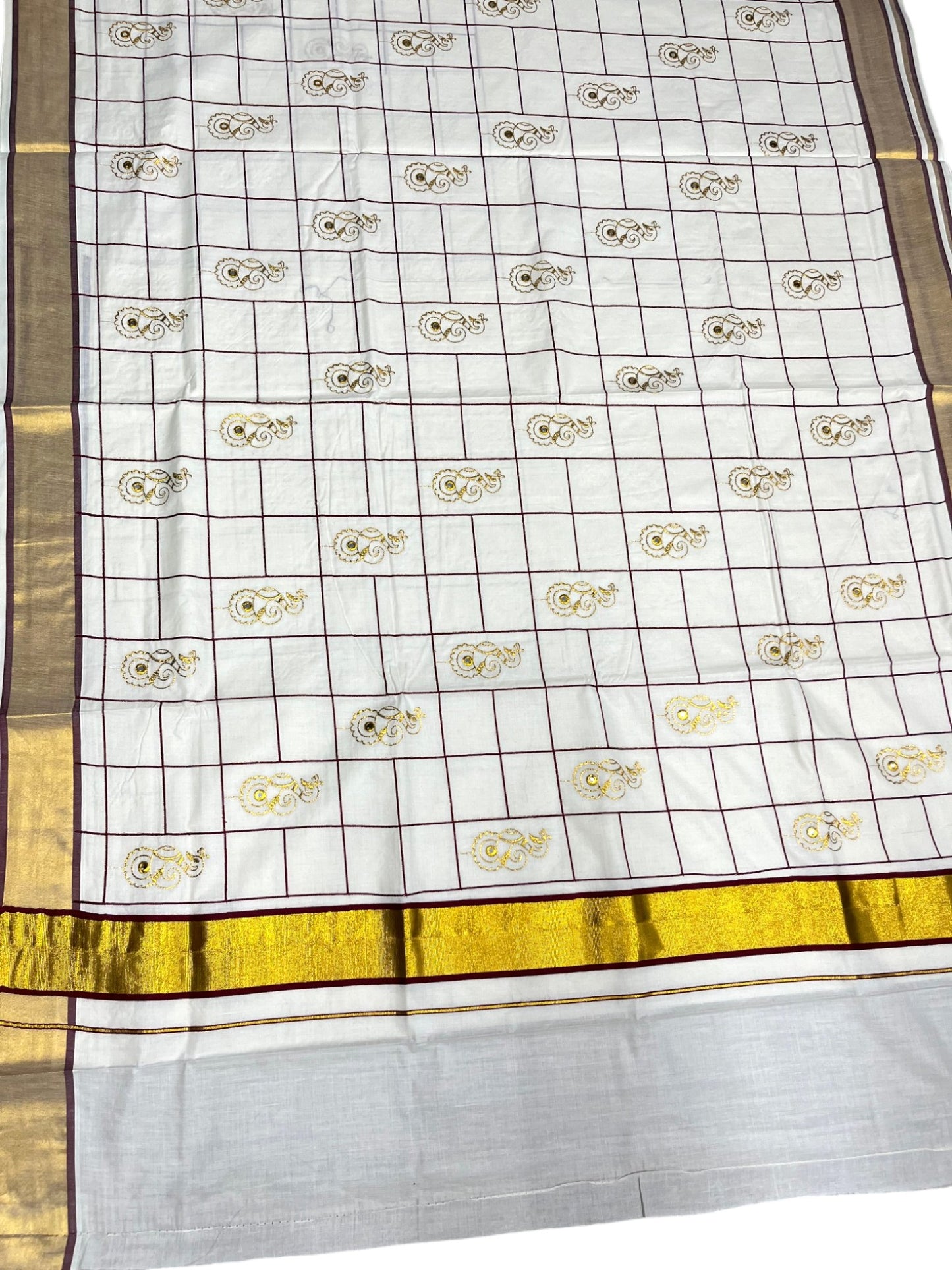 Southloom Cotton Kerala Kasavu Check Saree with Peacock Embroidery Design in Maroon