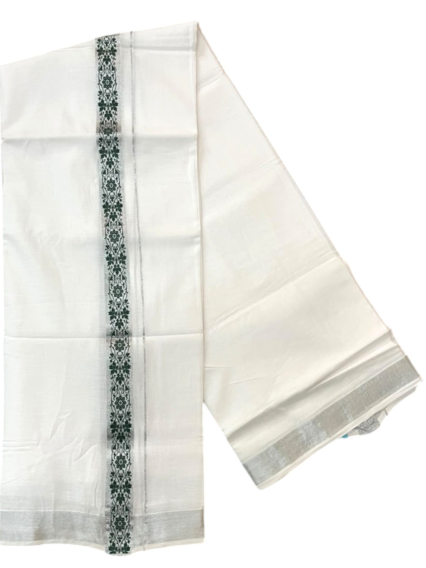 Southloom Pure White Cotton Mundu with Green and Silver Kasavu Border (South Indian Kerala Dhoti)