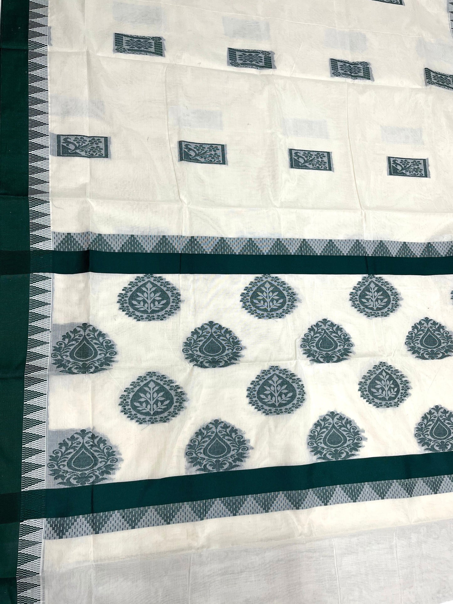 Southloom Pure Cotton Kerala Saree with Green Heavy Woven Designs and Temple Border