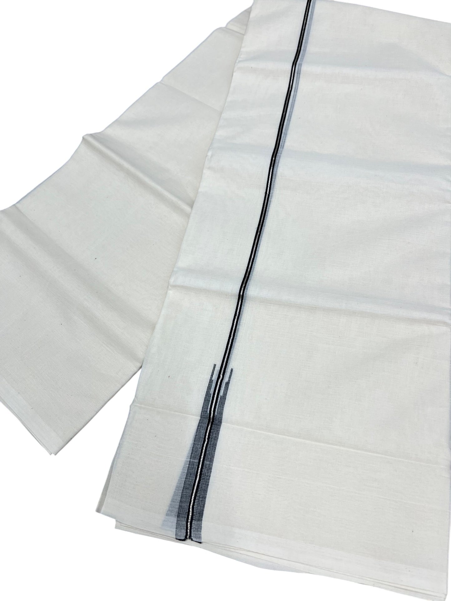 Kerala Pure Cotton Double Mundu with Black And Silver Chutti Kara (South Indian Kerala Dhoti)