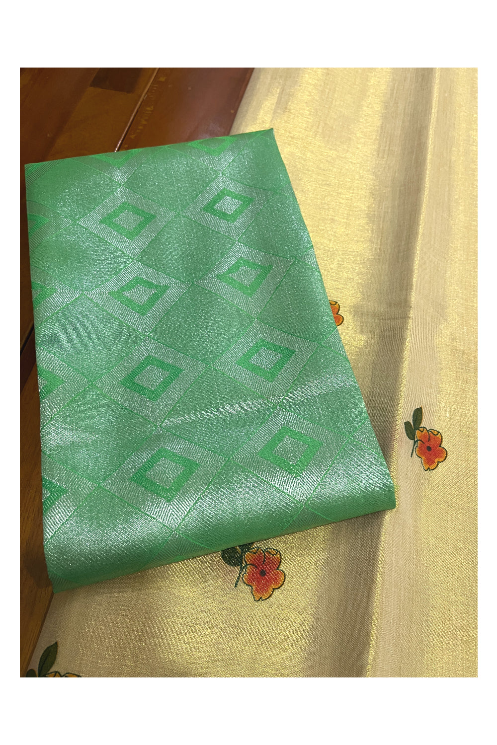 Kerala Tissue Mural Printed Pavada and Light Green Designer Blouse Material for Kids/Girls 4.3 Meters