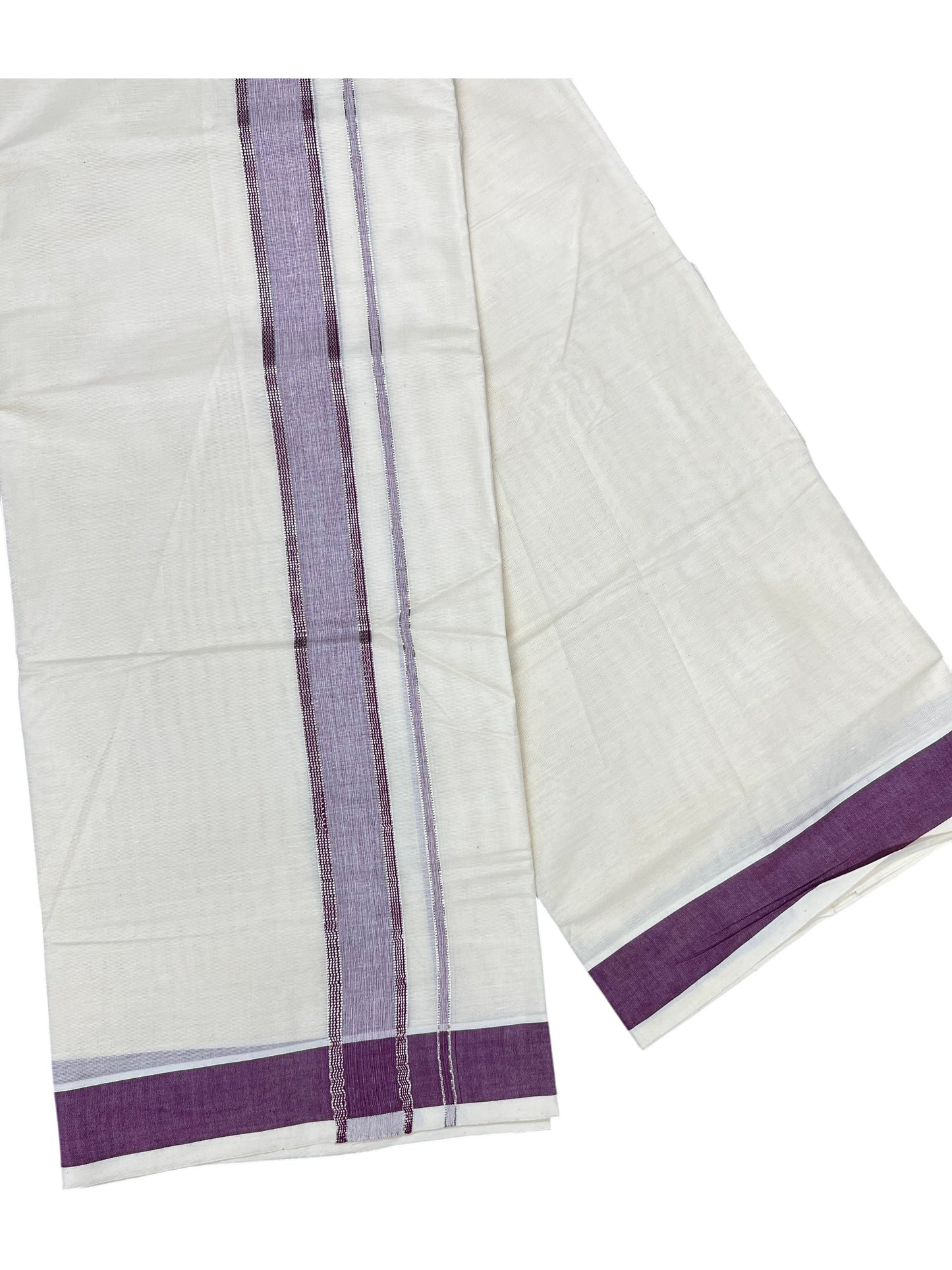 Southloom Kerala Pure Cotton Double Mundu with Silver Lines and Purple Border with (South Indian Dhoti)