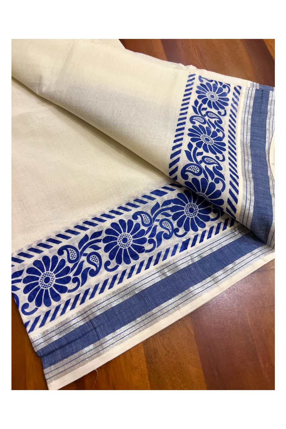 Kerala Pure Cotton Set Mundu Single (Mundum Neriyathum) with Black Block Prints on Blue Border and Silver Kasavu - 2.80Mtrs (Onam 2024 Collection)