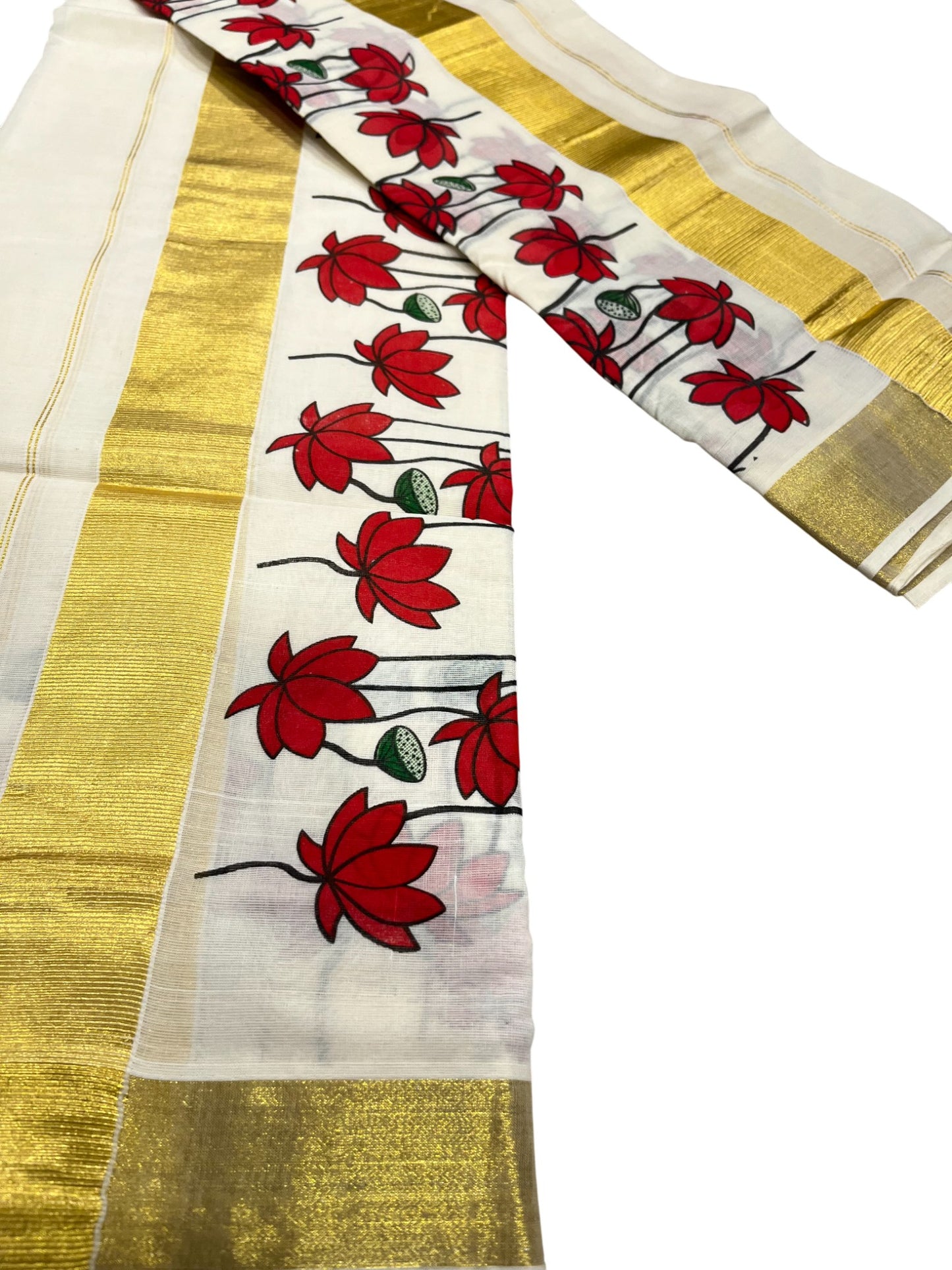 Southloom Kerala Cotton Single Set Mundu (Mundum Neriyathum) with Red Floral Block Printed Design 2.80Mtrs