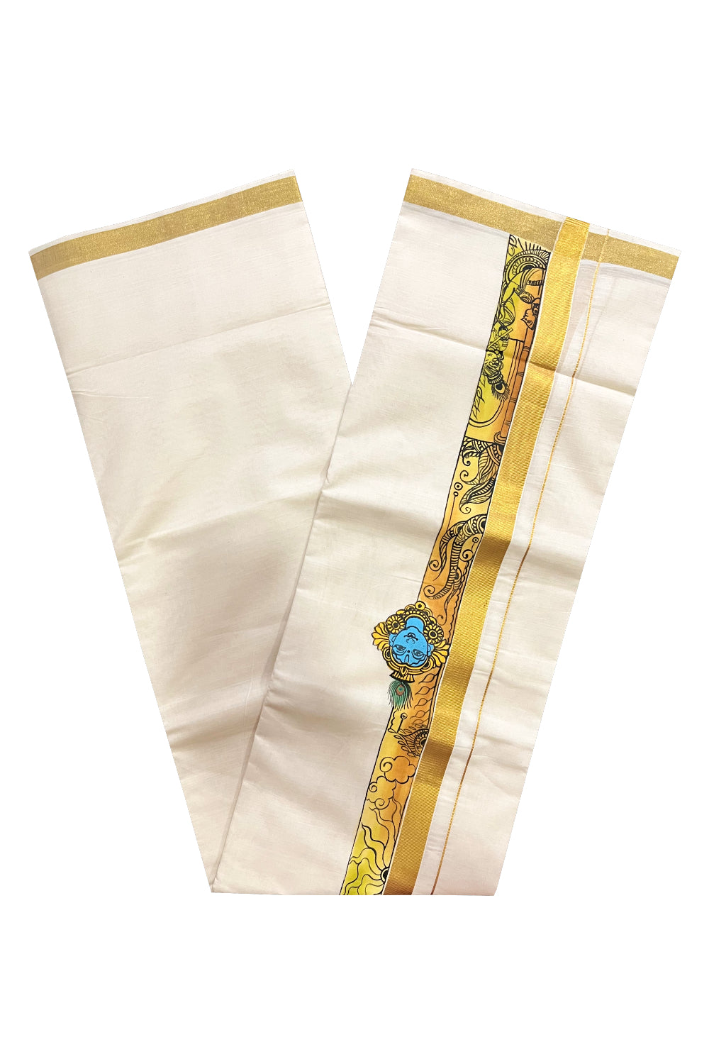 Pure Cotton Kerala Double Mundu with Krishna Hand Painted Designs on Kasavu Border (Vishu Collection 2024)