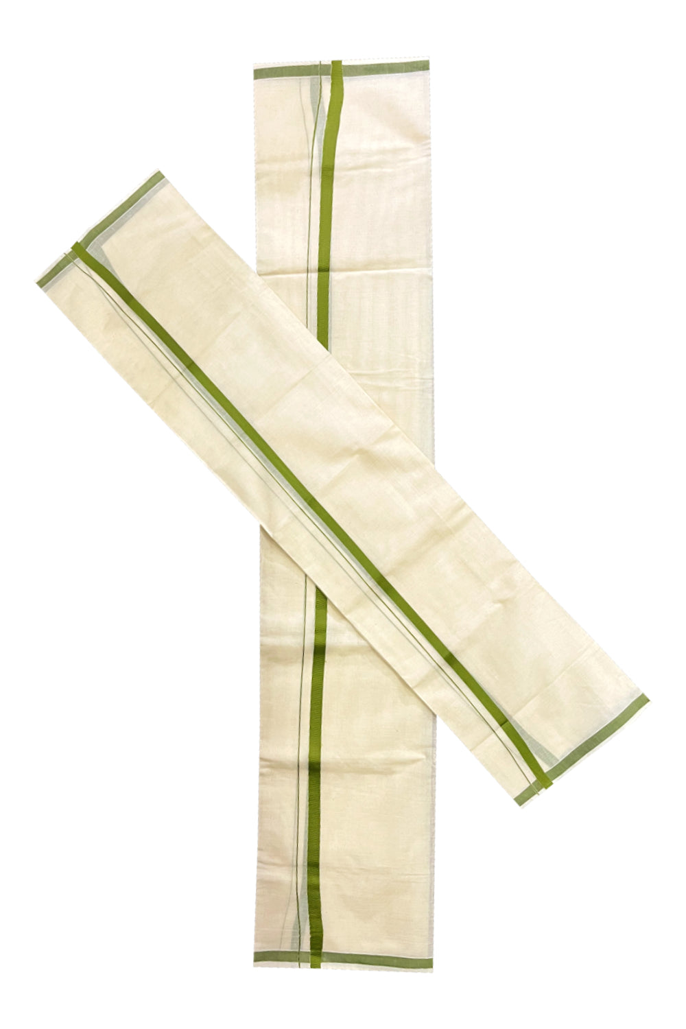 Kerala Cotton Plain Mundum Neriyathum Single (Set Mundu) with 0.5 inch Olive Green Border