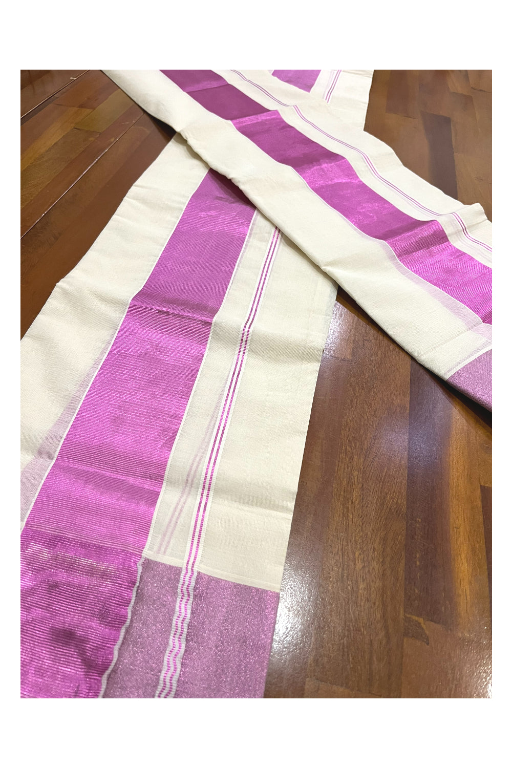 Pure Cotton Mundum Neriyathum Single (Set Mundu) with 3 Inch Pink Kasavu Kara 2.80 Mtrs