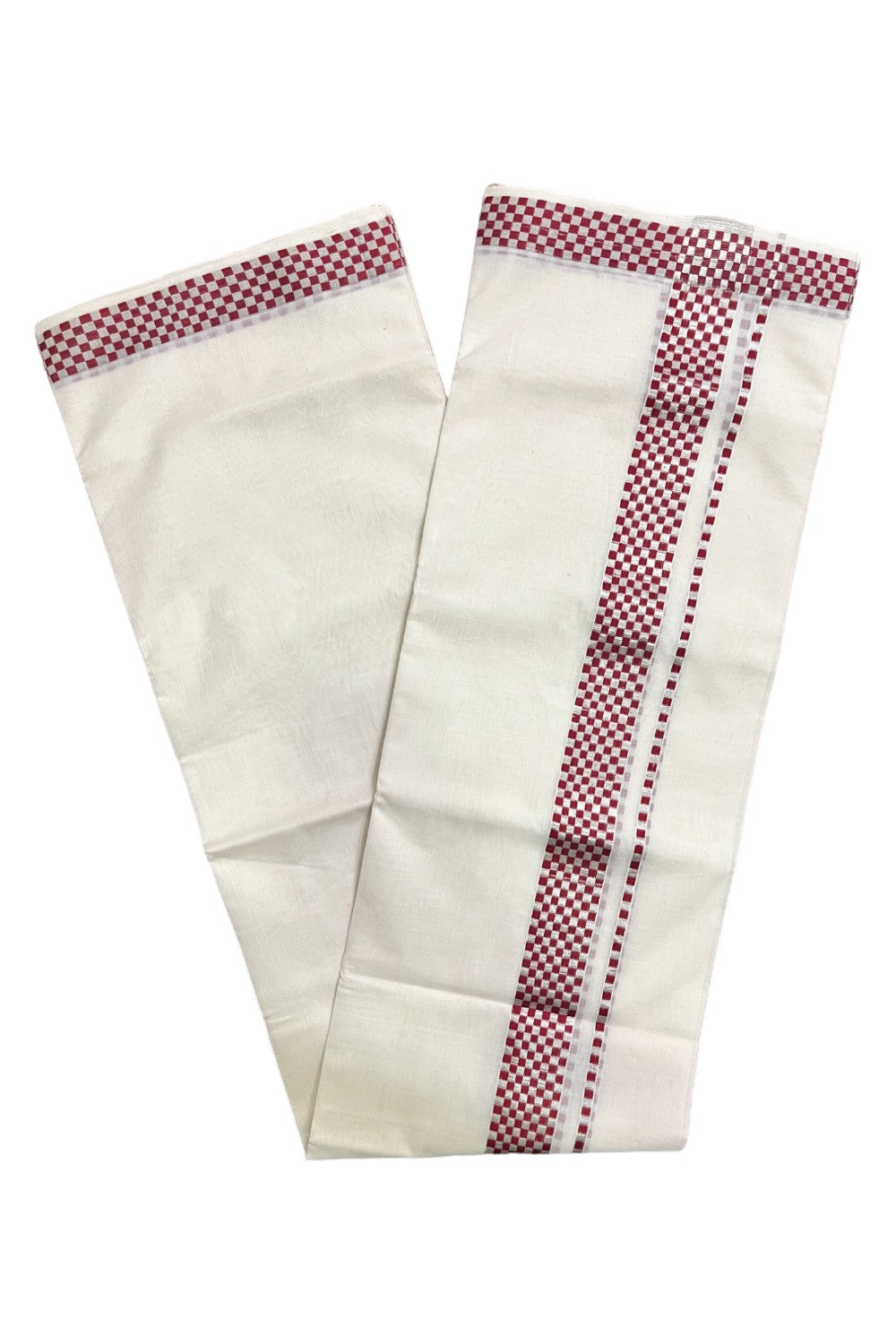 Premium Balaramapuram Handloom Unakkupaavu Cotton Double Mundu with Silver Kasavu and Maroon Paa Neythu Border (Vishu 2024 Collection)