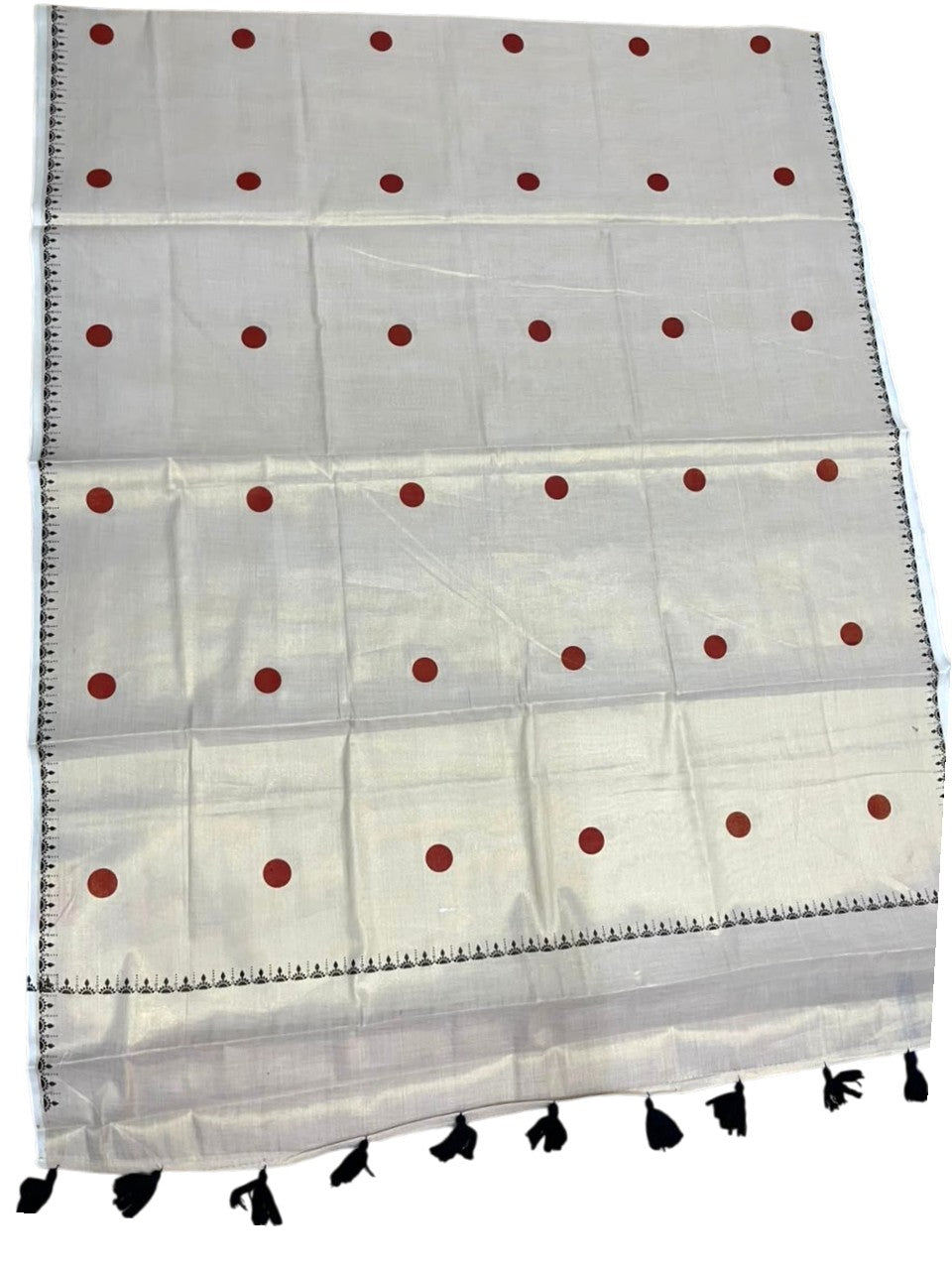 Southloom Kerala Tissue Kasavu Plain Saree with Orange Polka Dots On Body SL537