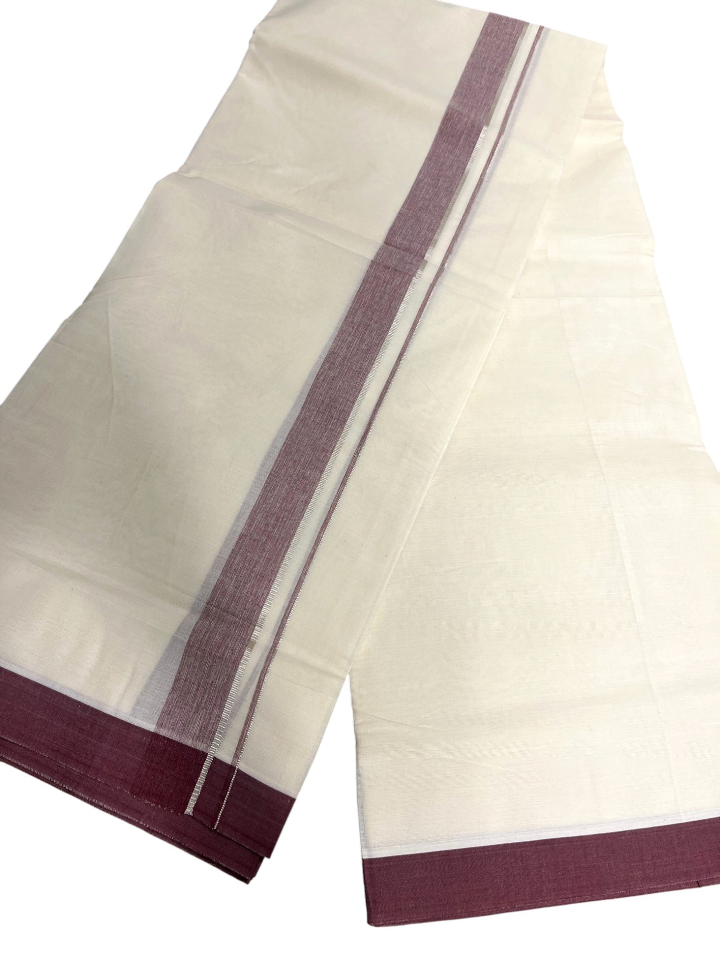 Southloom Kerala Pure Cotton Double Mundu with Silver Lines & Maroon Border (South Indian Dhoti)