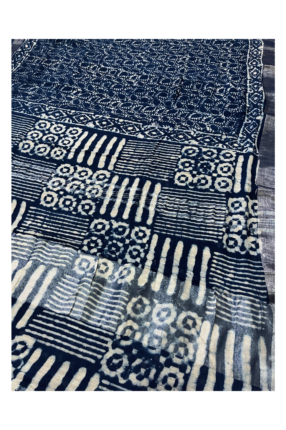 Southloom Linen Indigo Blue Saree with White Designer Prints and Tassels works on Pallu