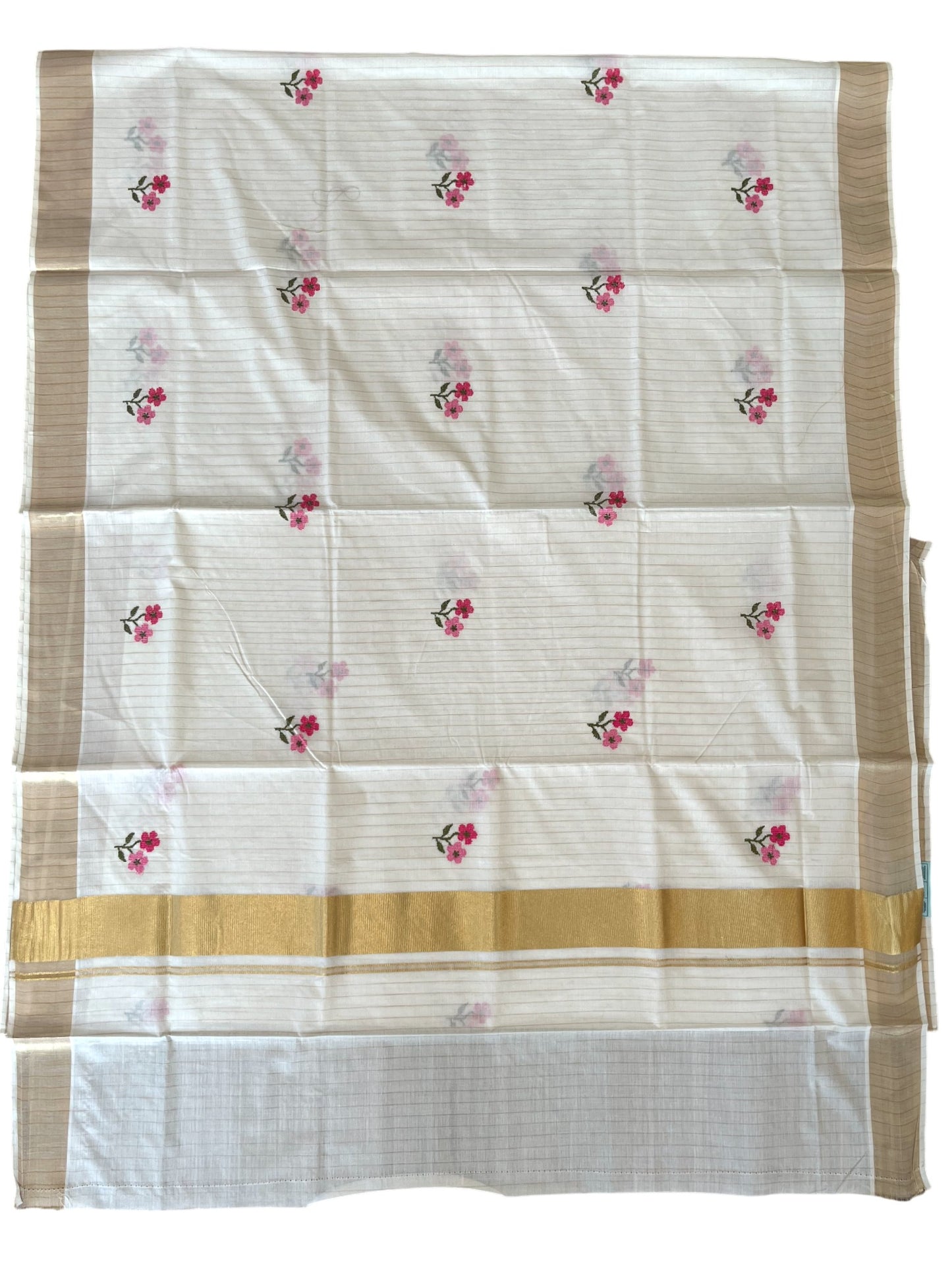 Southloom Kerala Cotton Kasavu Stripes Saree with Pink Floral Embroidery Work