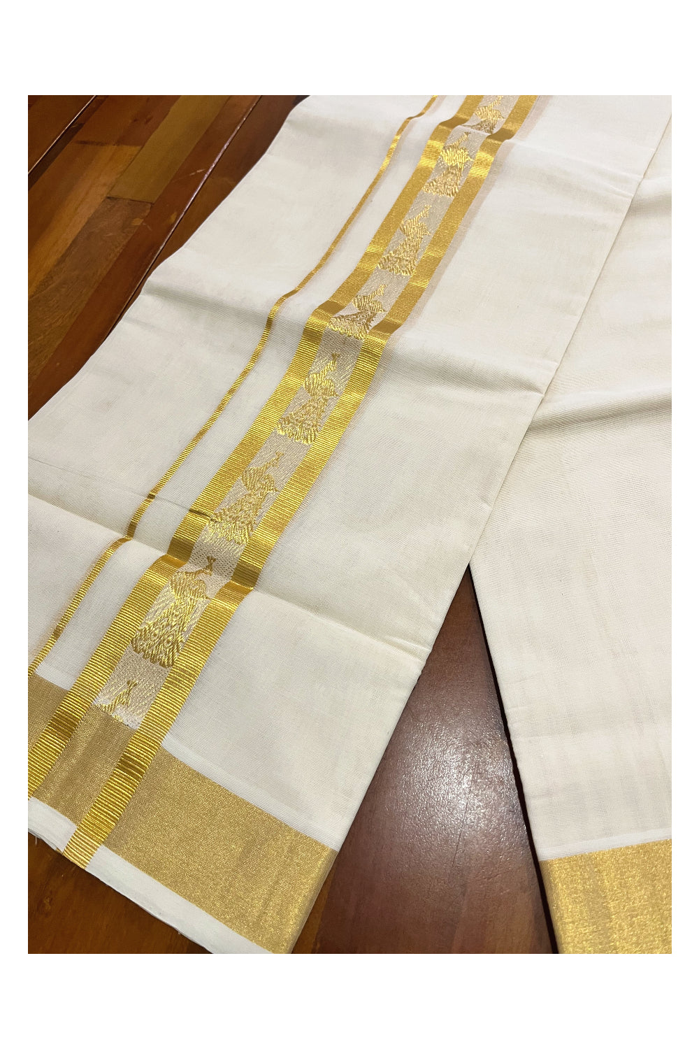 Southloom Premium Handloom Cotton Mundu with Kasavu Peacock Woven Border (South Indian Kerala Dhoti)