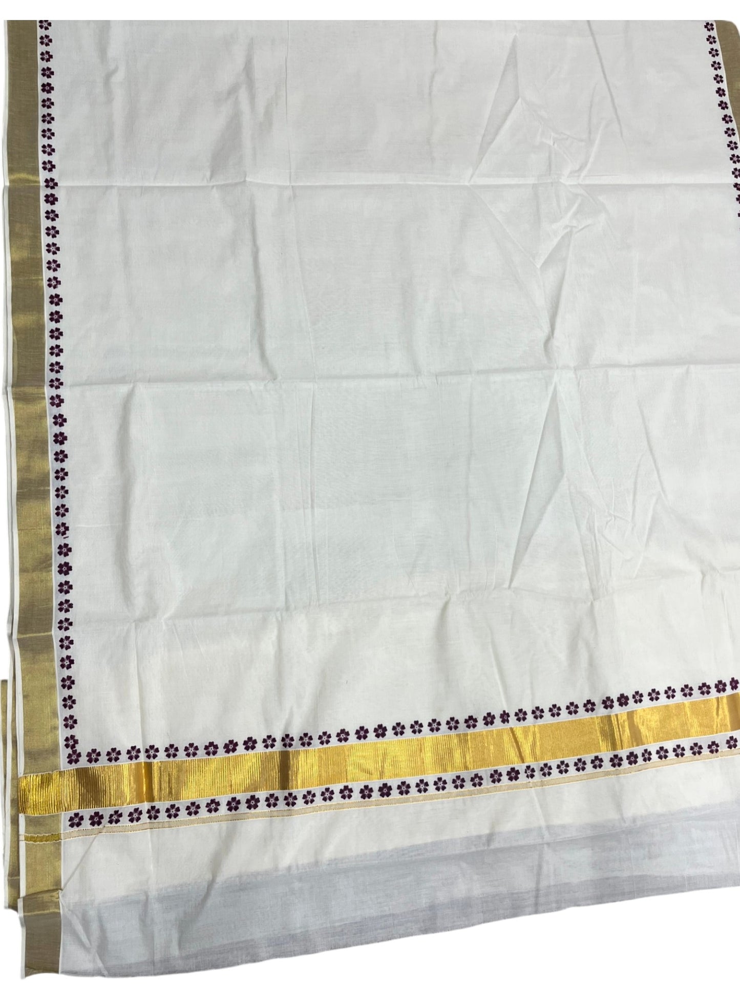 Southloom Cotton Kerala Kasavu Saree with Block Printed Design on Borders and Kara