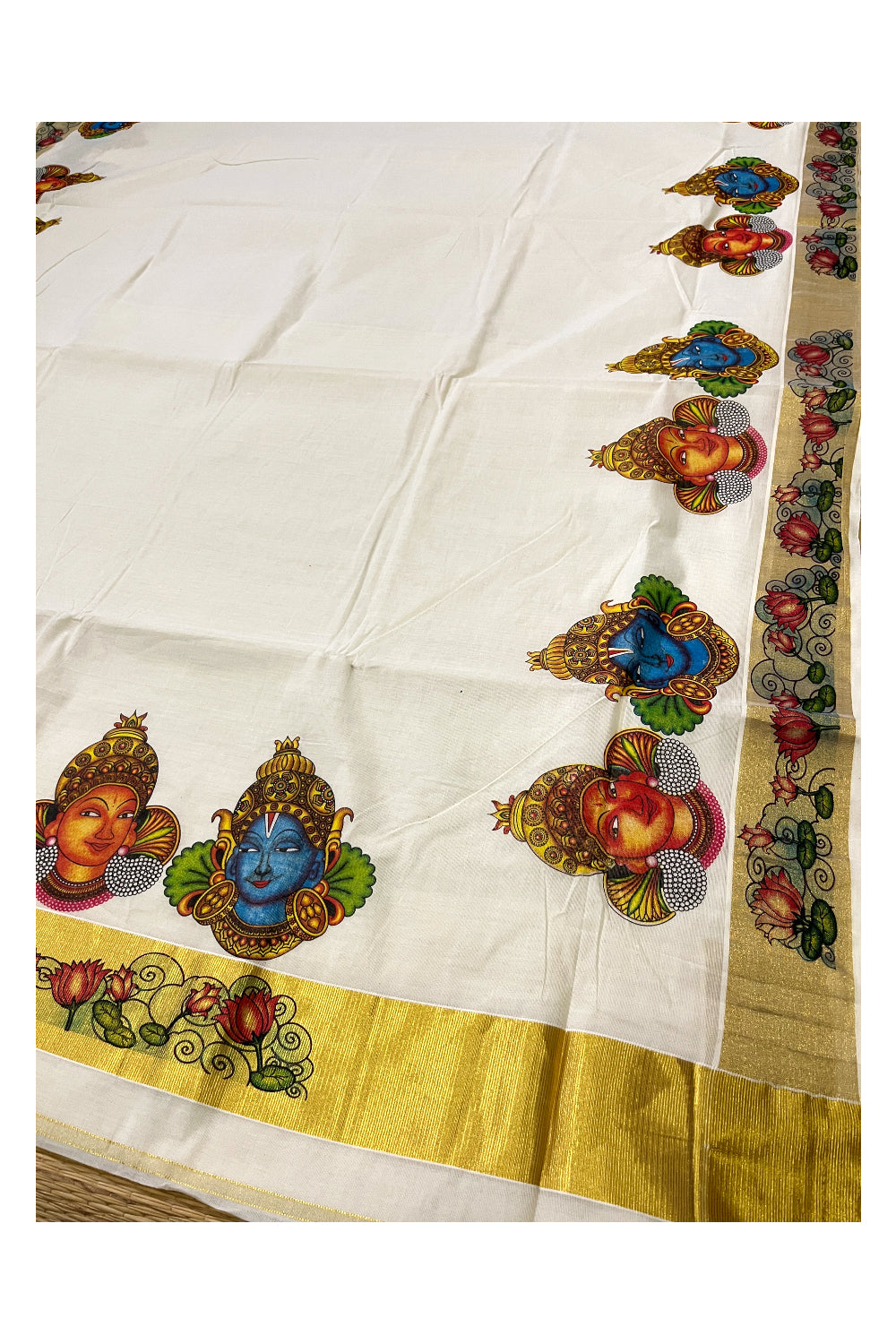 Pure Cotton Kerala Kasavu Saree with Mural Printed Krishna Radha and Lotus Design