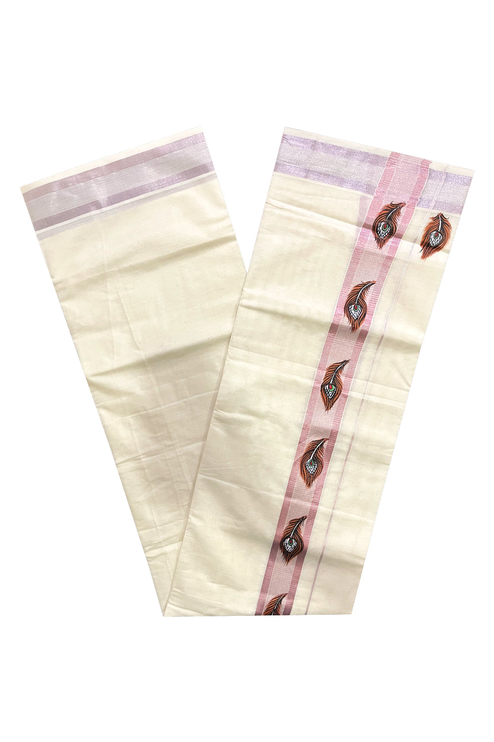 Pure Cotton Kerala Double Mundu with Rose Copper Kasavu Hand Painted Feather Design Border (South Indian Kerala Dhoti)