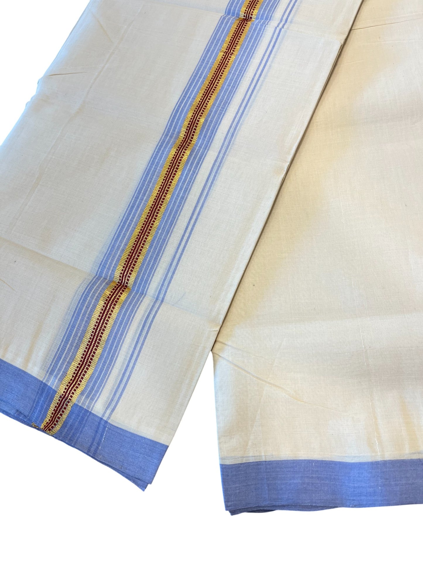 Southloom Premium Handloom Cotton Double Mundu with Gold and Blue Border