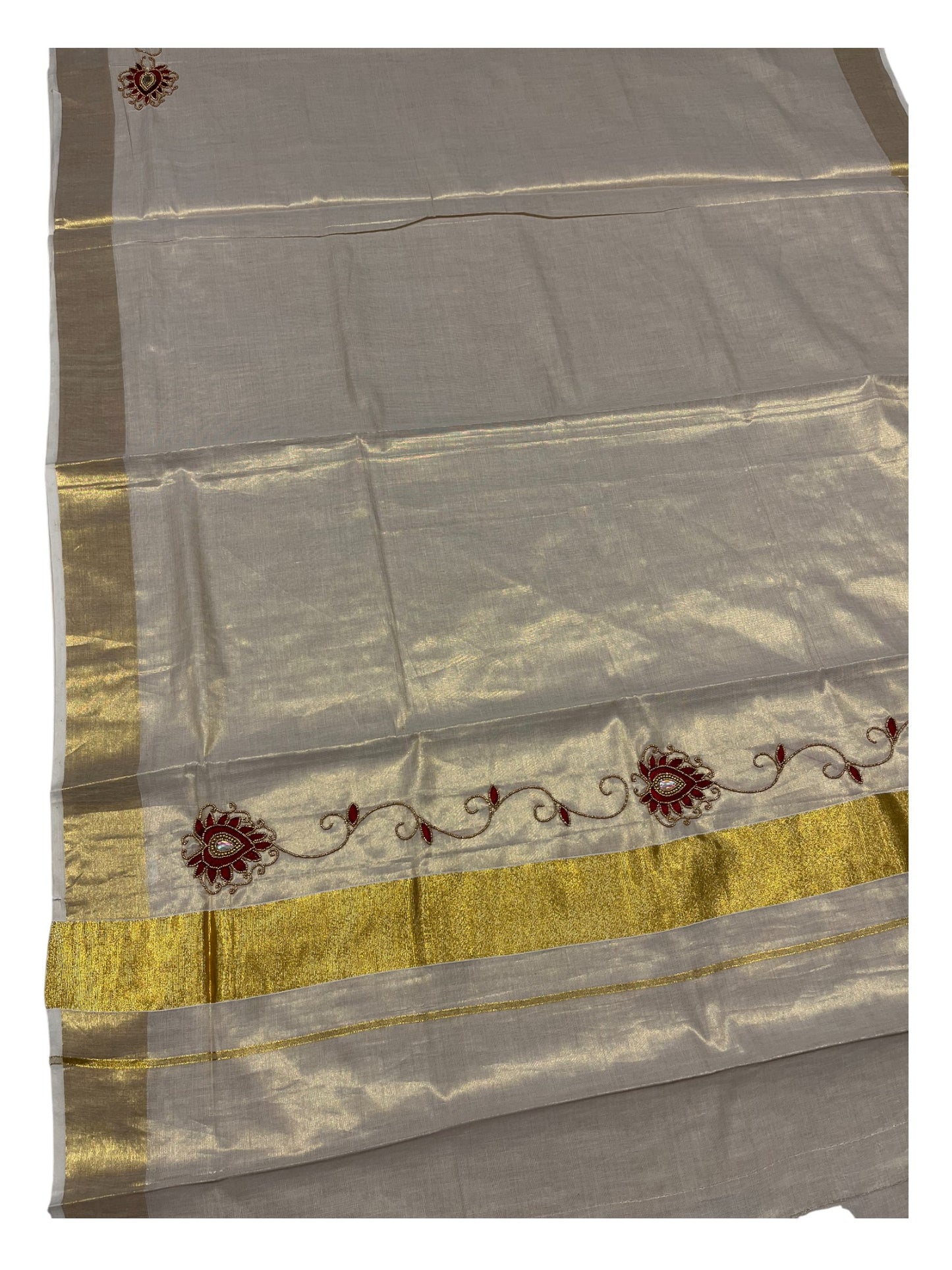 Kerala Tissue Kasavu Saree with Floral Embroidery and Sequins Work on Body