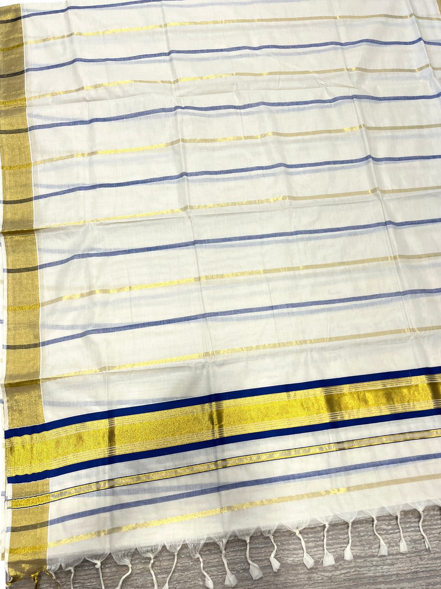 Southloom Kerala Cotton Kasavu Saree with Gold And Blue Lines on Body
