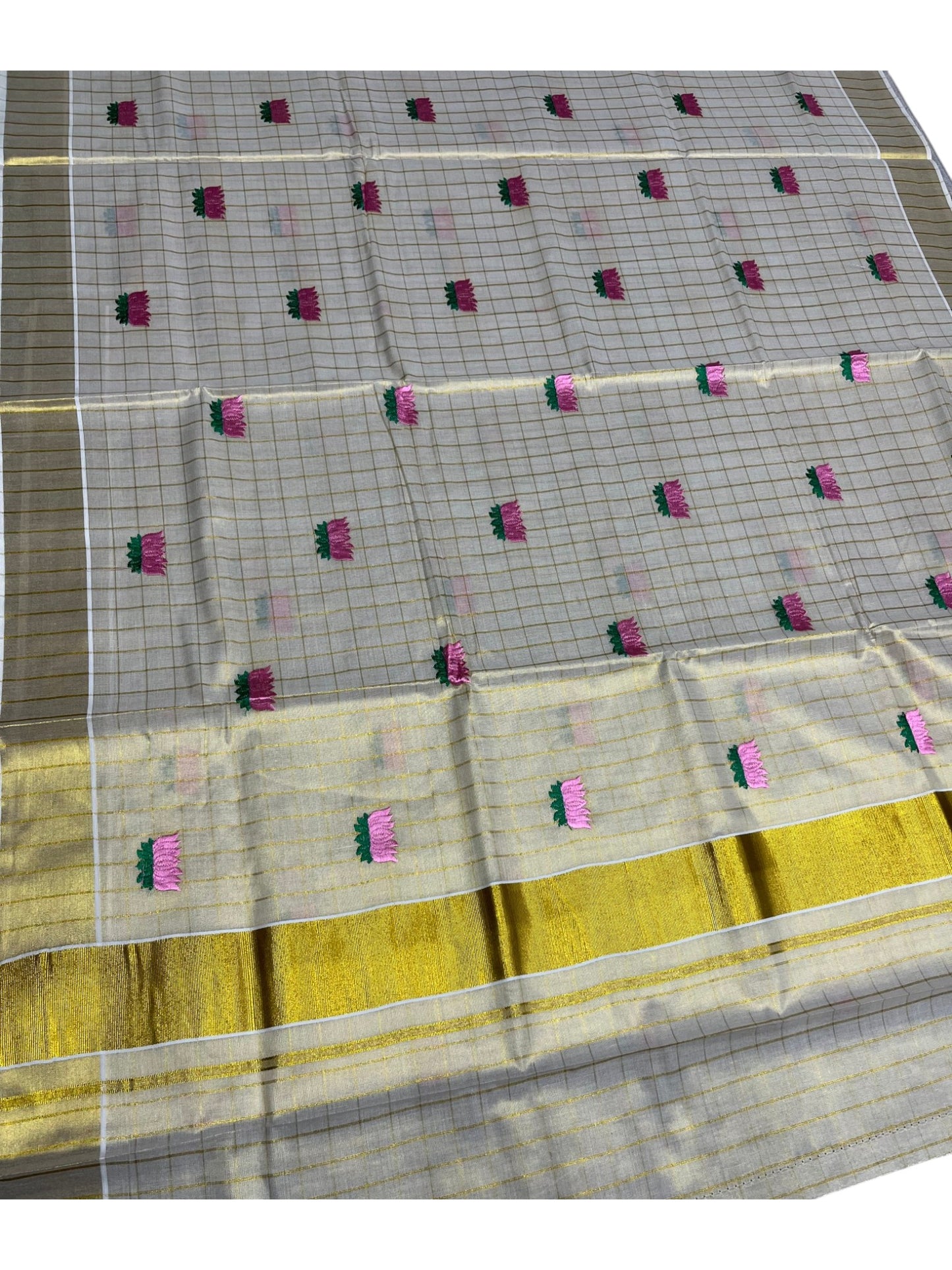 Southloom Kerala Tissue Kasavu Check Saree with Pink And Green Lotus Embroidary Works on Body
