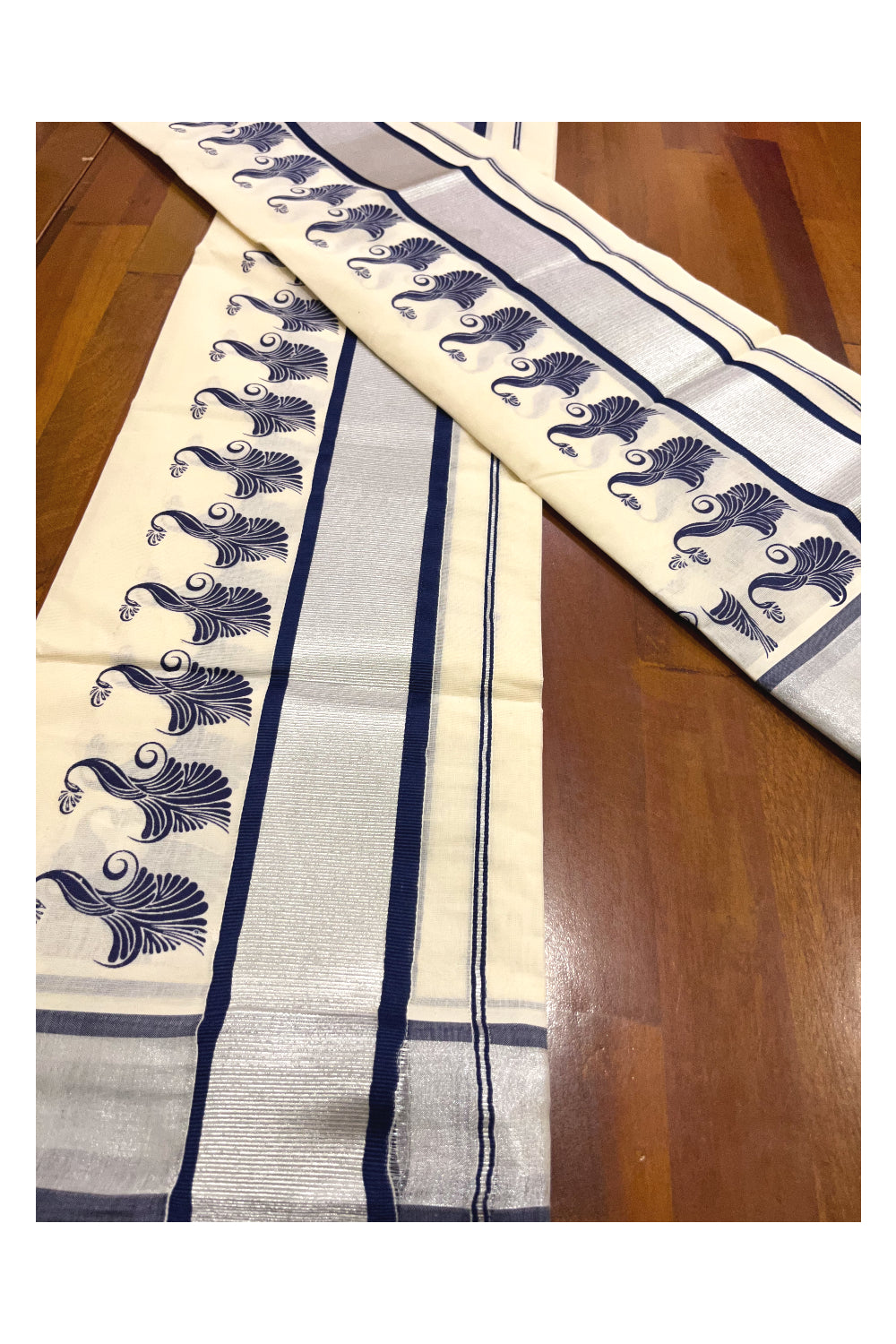 Pure Cotton Kerala Single Set Mundu (Mundum Neriyathum) with Blue Block Printed Silver Kasavu Border