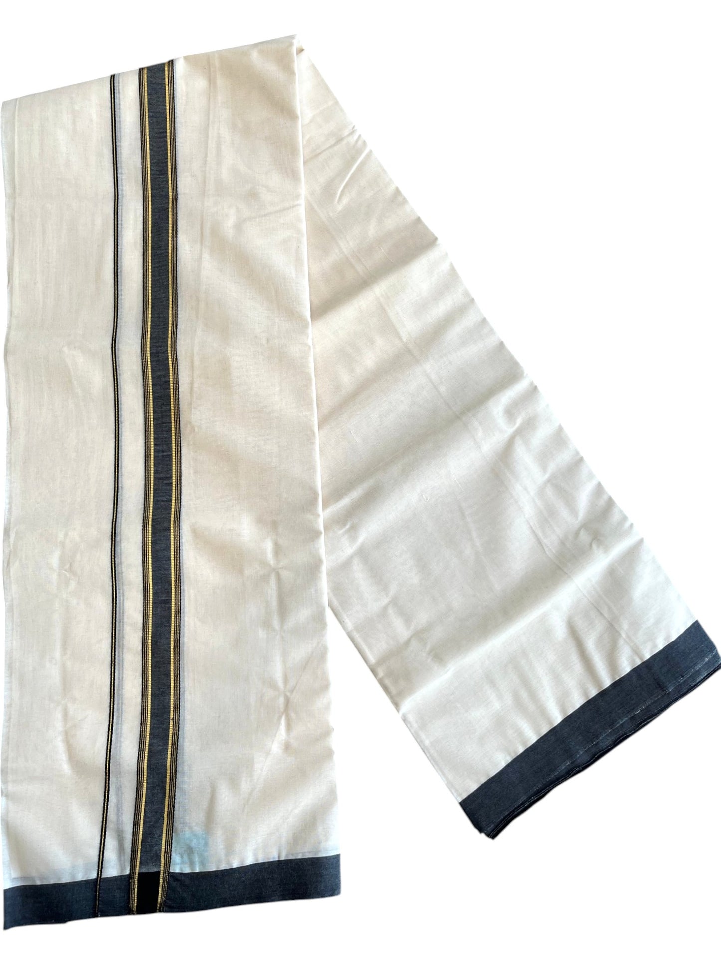 Southloom Pure Cotton Mundu with Golden Lines and Black Border (South Indian Kerala Dhoti)