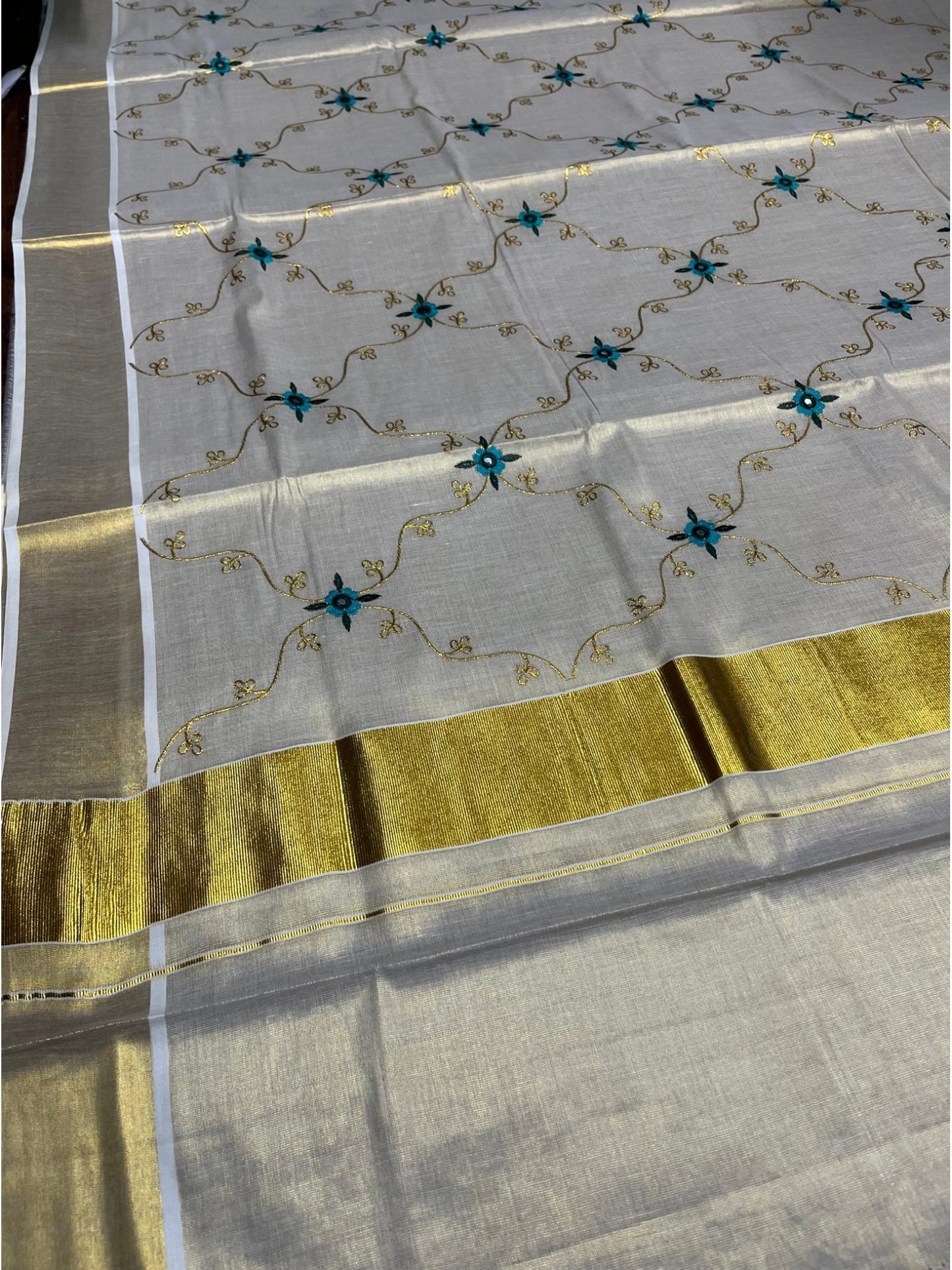 Southloom Tissue Kerala Kasavu Plain Saree with  Embroidery Designs on Body