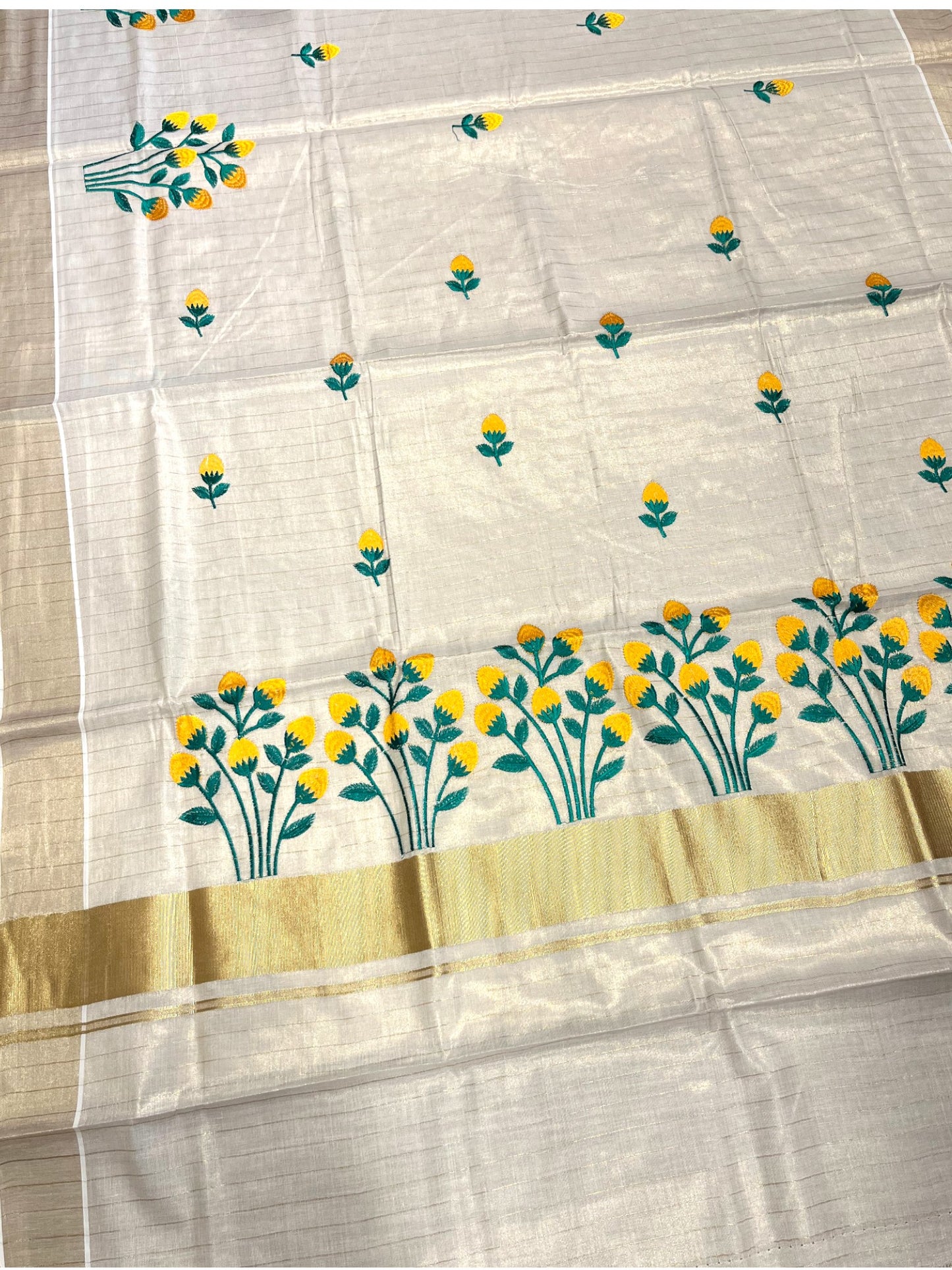 Southloom Tissue Kerala Kasavu Saree with Floral Embroidery Design