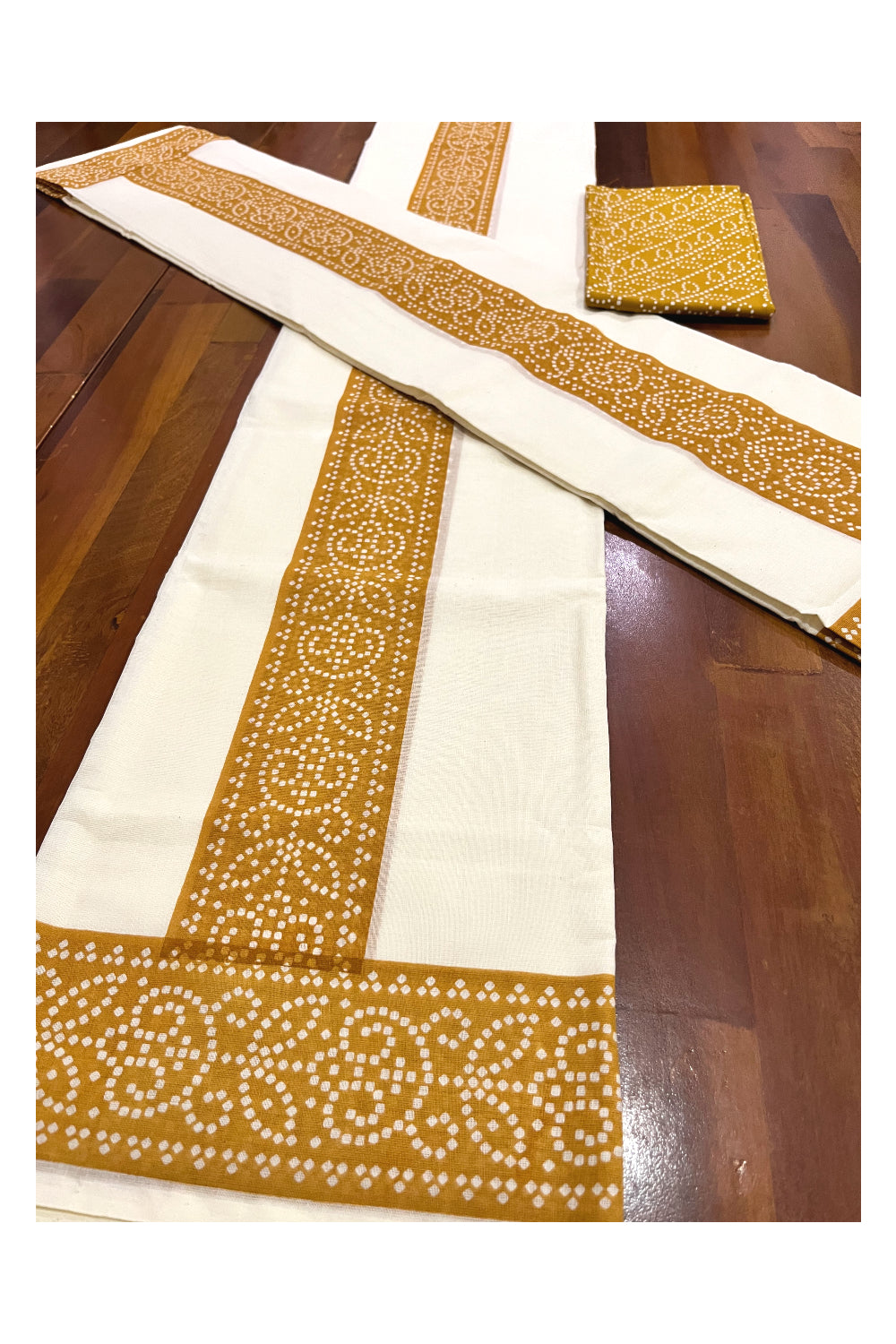 Kerala Cotton Set Mundu (Mundum Neriyathum) with Yellow Block Prints and Seperate Blouse Piece