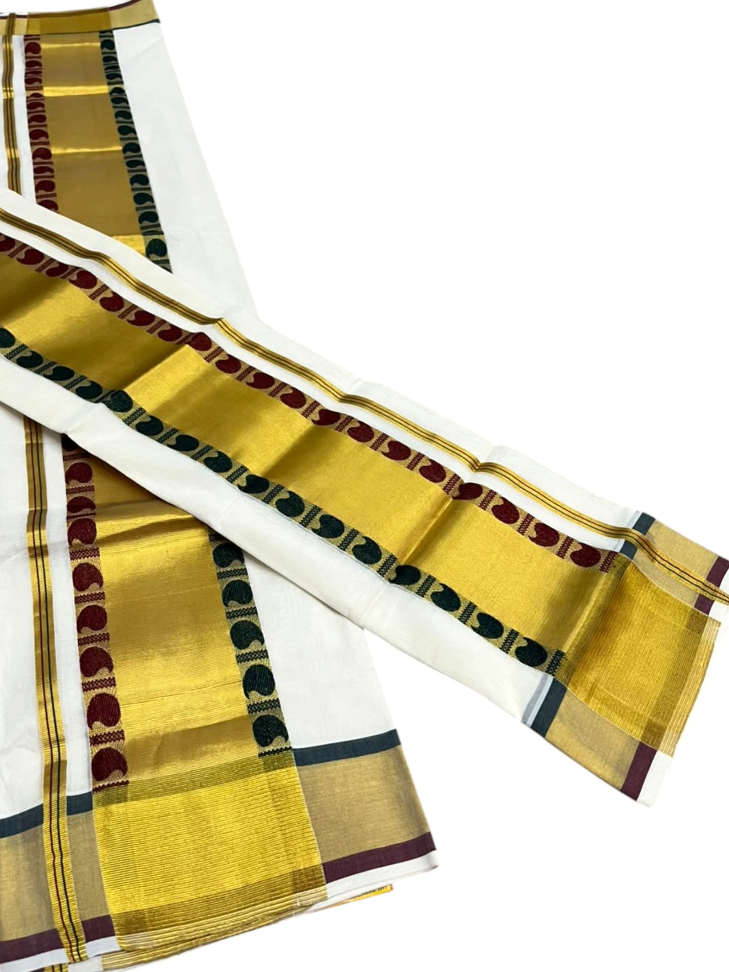Southloom Premium Handloom Set Mundu with Maroon & Green Border and Kasavu Lines Across Body 2.80 Mtrs