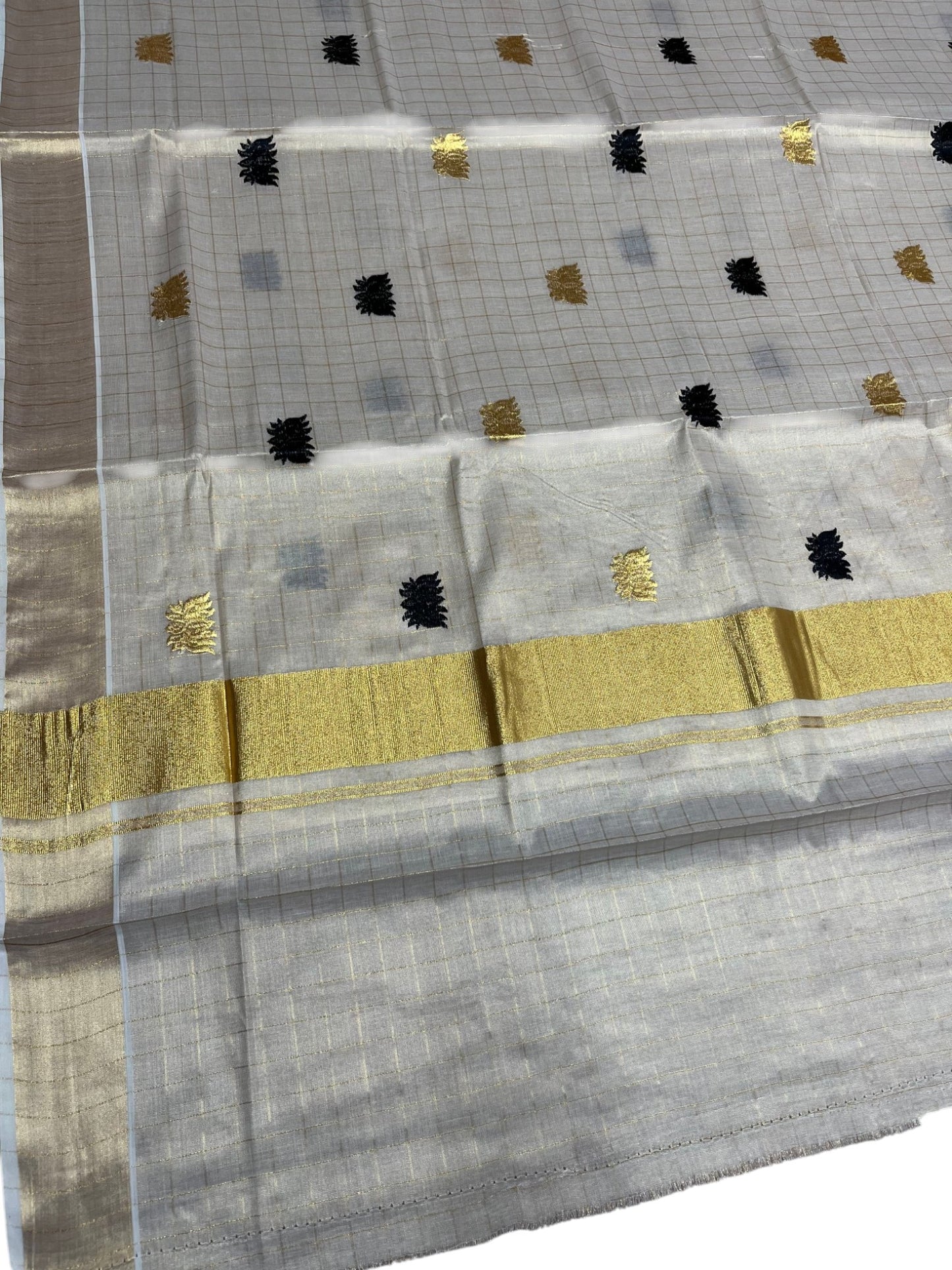 Southloom Kerala Tissue Kasavu Check Saree with Black Lotus Embroidery Works